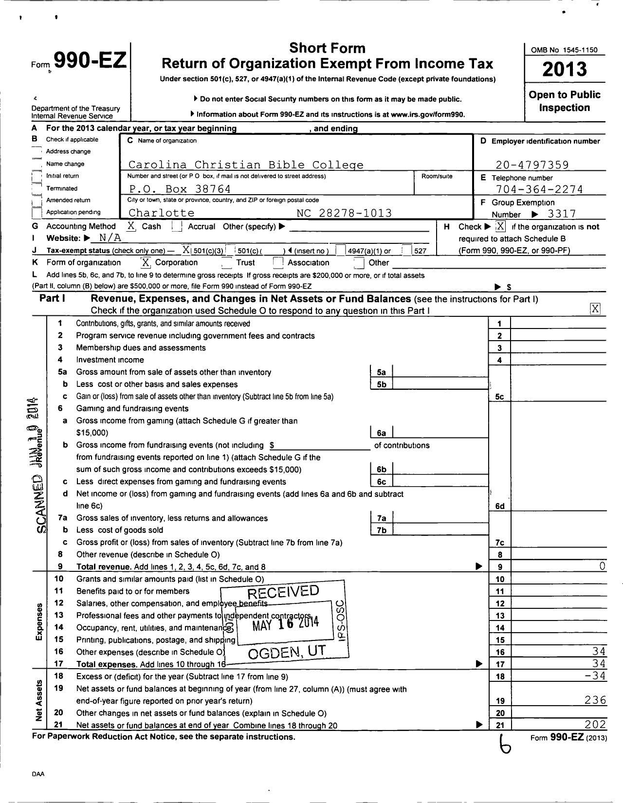 Image of first page of 2013 Form 990EZ for Carolina Christian Bible College