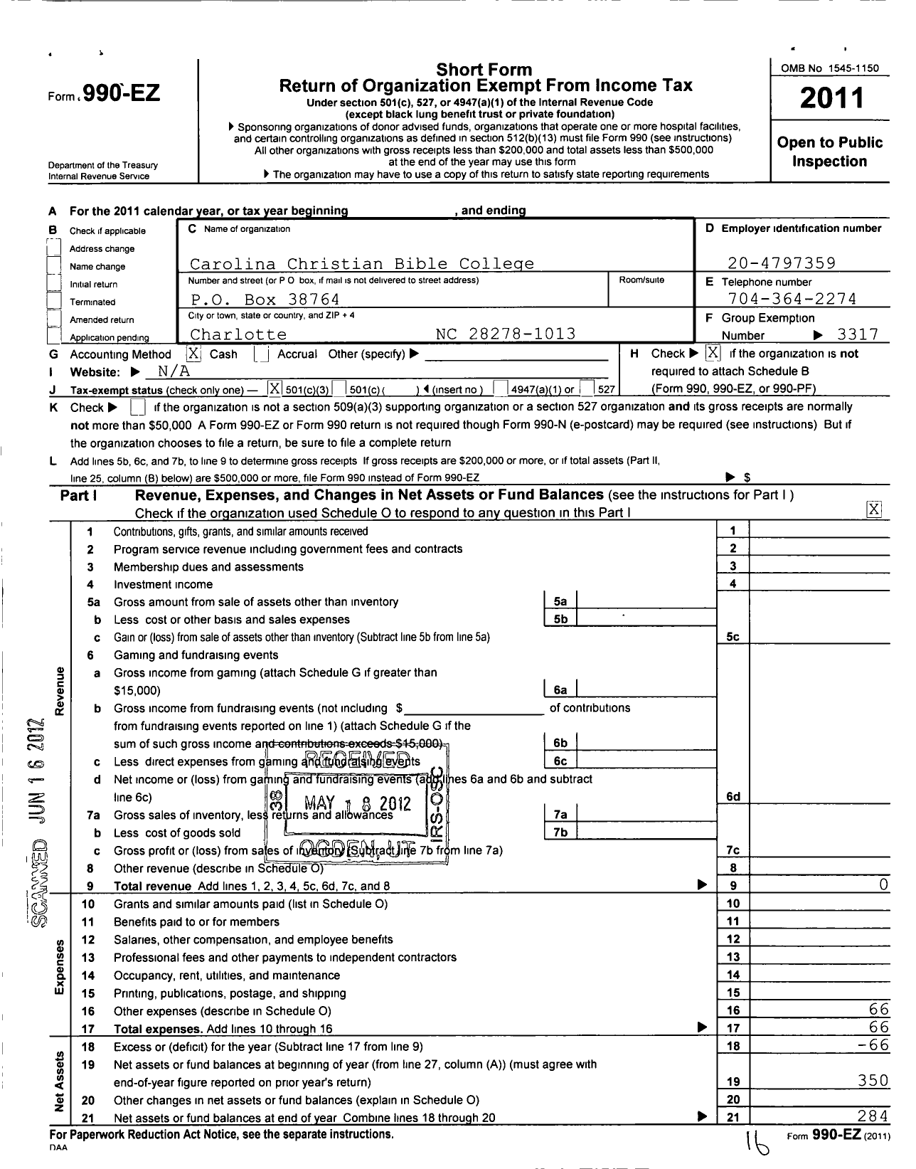 Image of first page of 2011 Form 990EZ for Carolina Christian Bible College