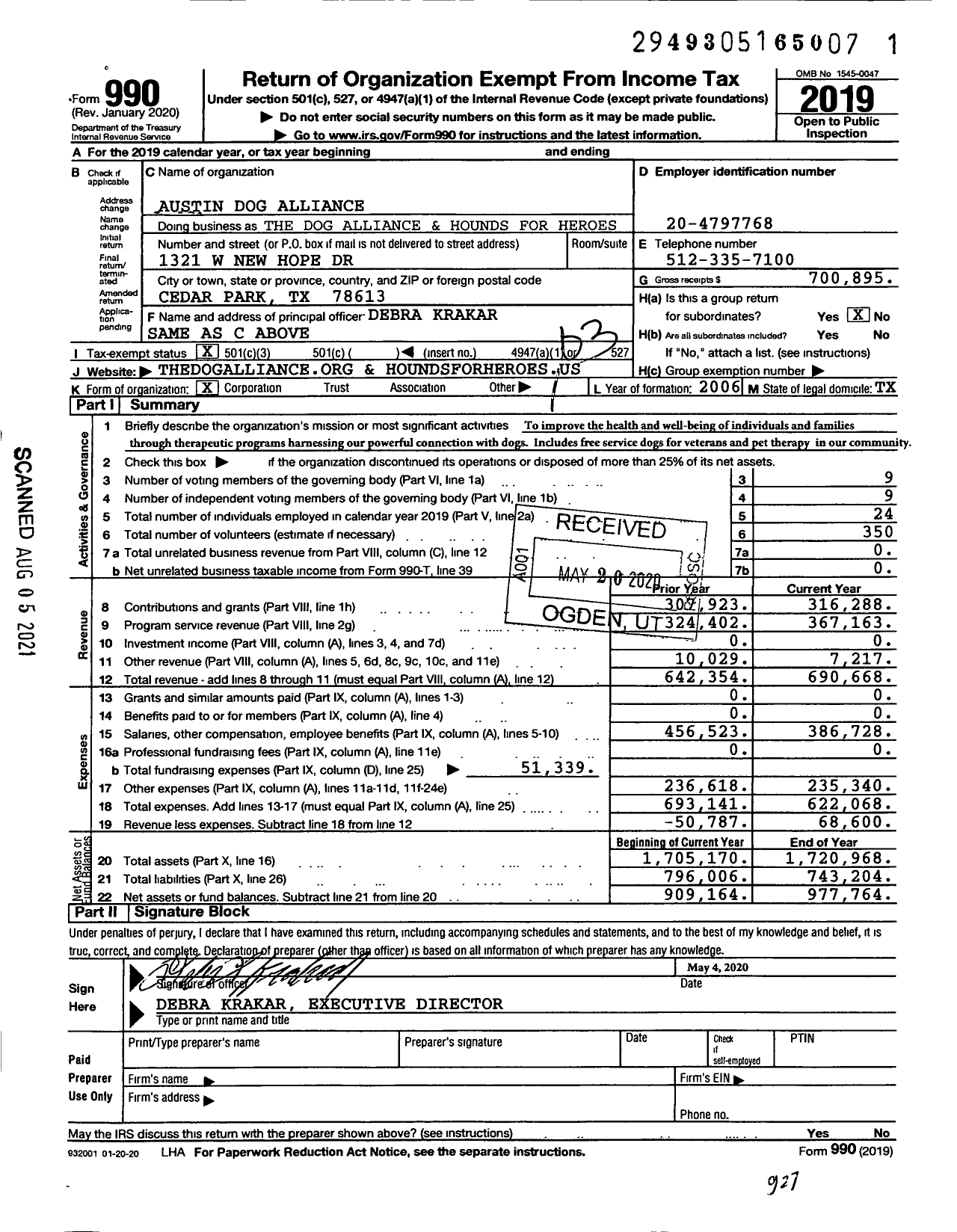 Image of first page of 2019 Form 990 for The Dog Alliance and Hounds for Heroes