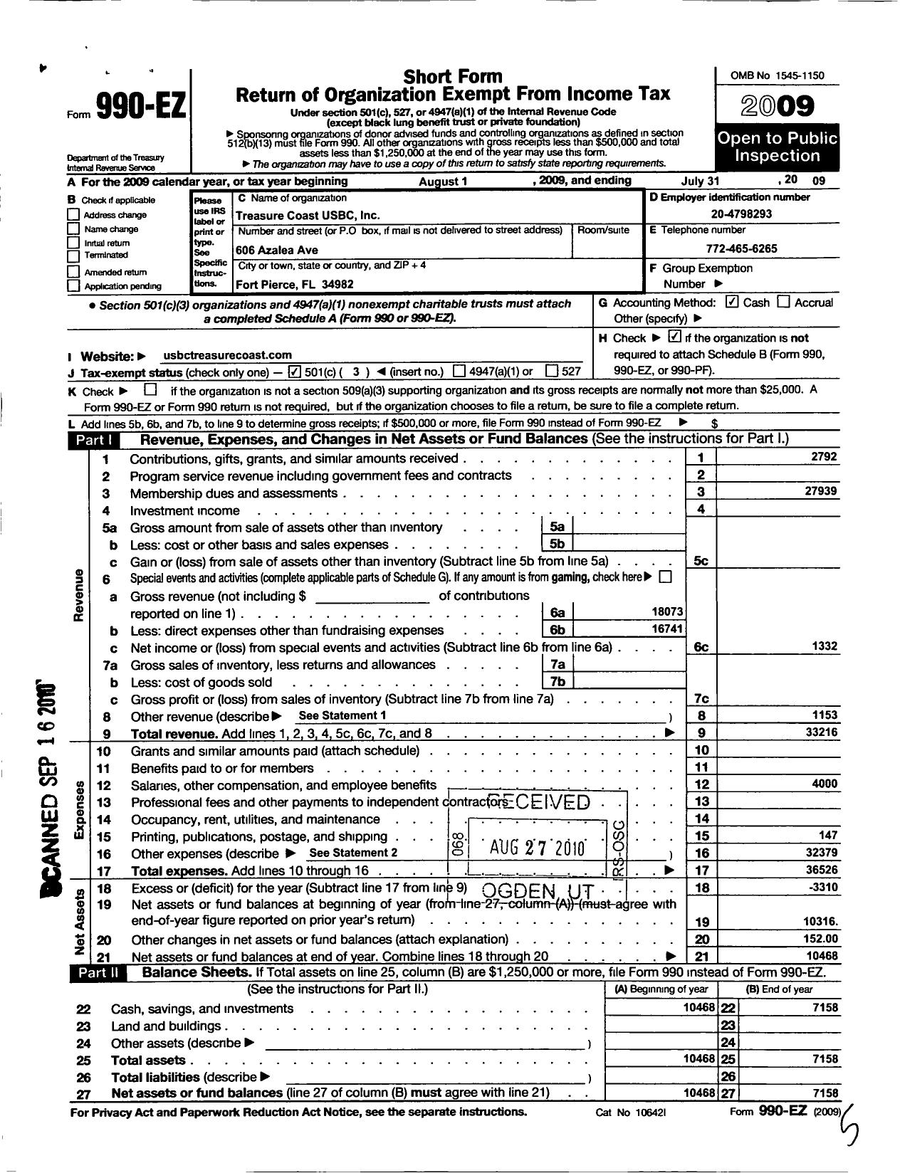 Image of first page of 2008 Form 990EZ for United States Bowling Congress - 82095 Treasure Coast Usbc