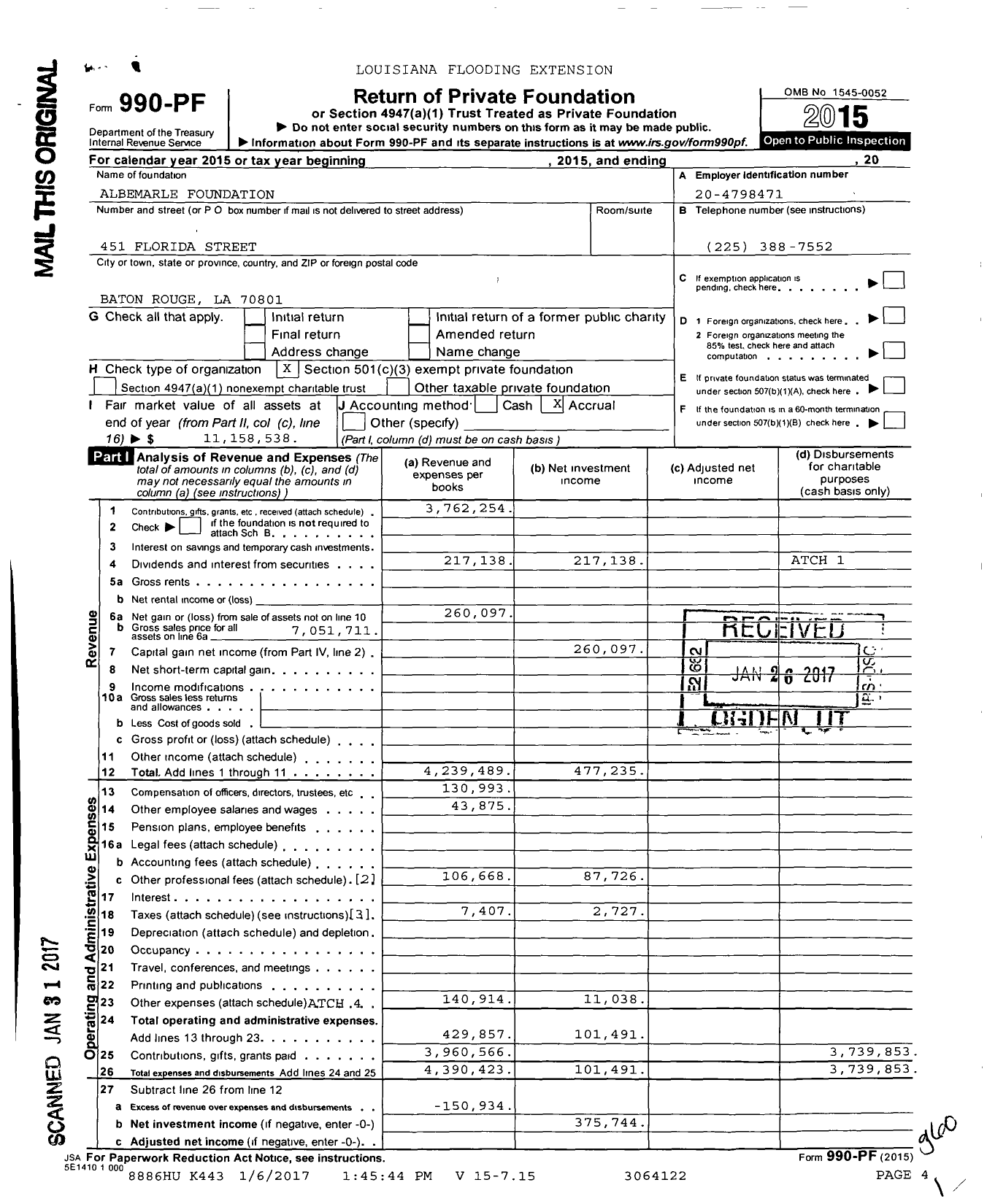 Image of first page of 2015 Form 990PF for Albemarle Foundation