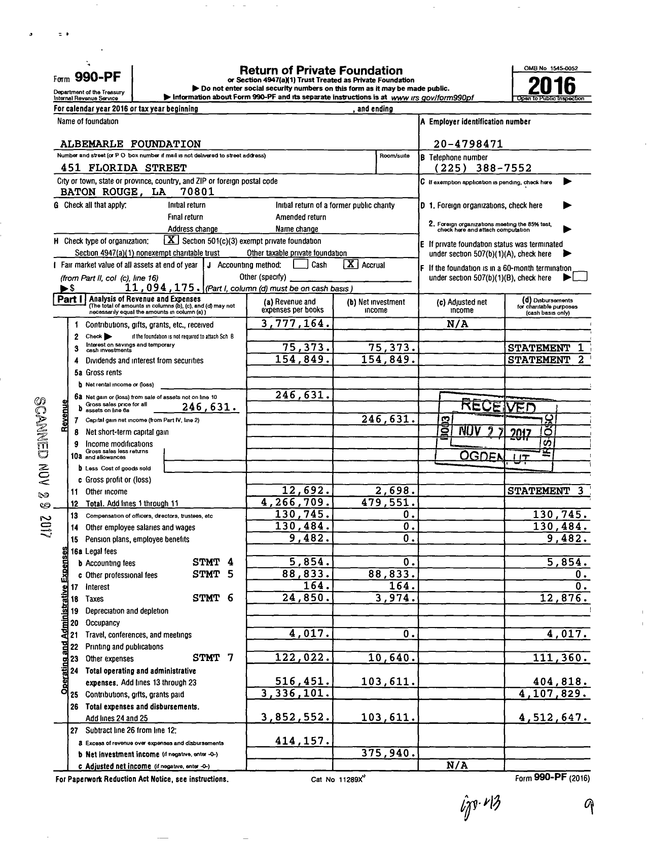 Image of first page of 2016 Form 990PF for Albemarle Foundation