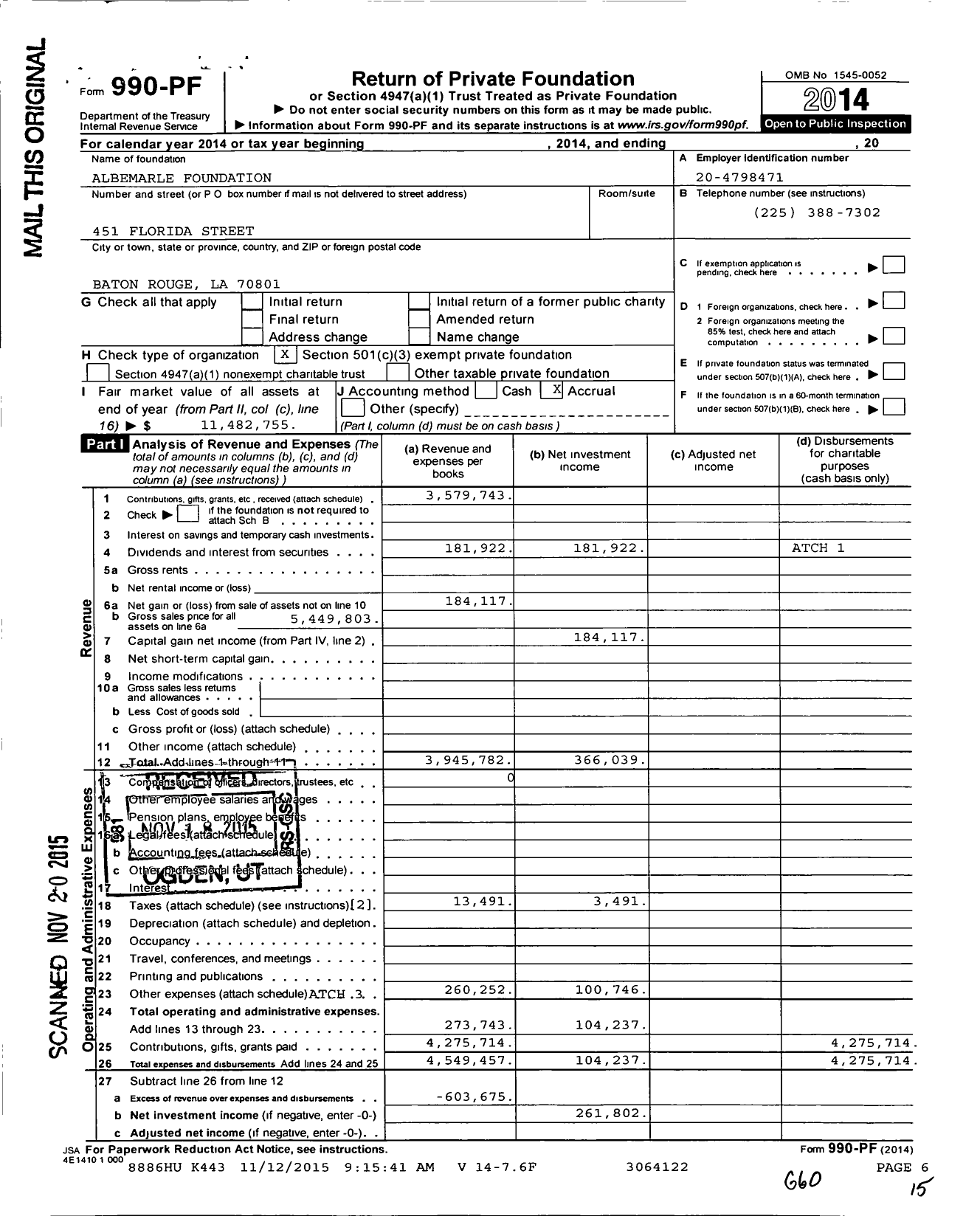 Image of first page of 2014 Form 990PF for Albemarle Foundation