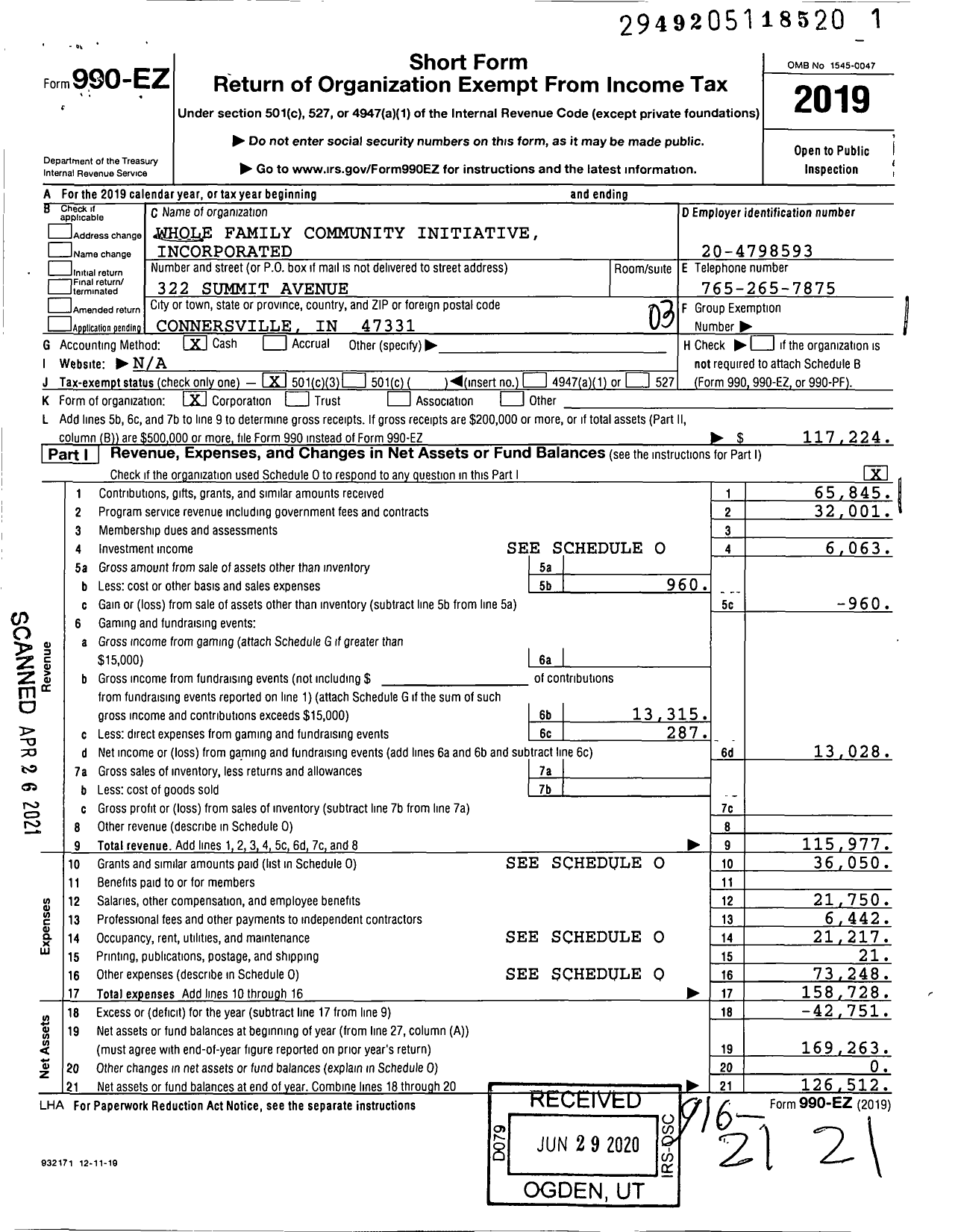 Image of first page of 2019 Form 990EZ for Whole Family Community Initiative Incorporated