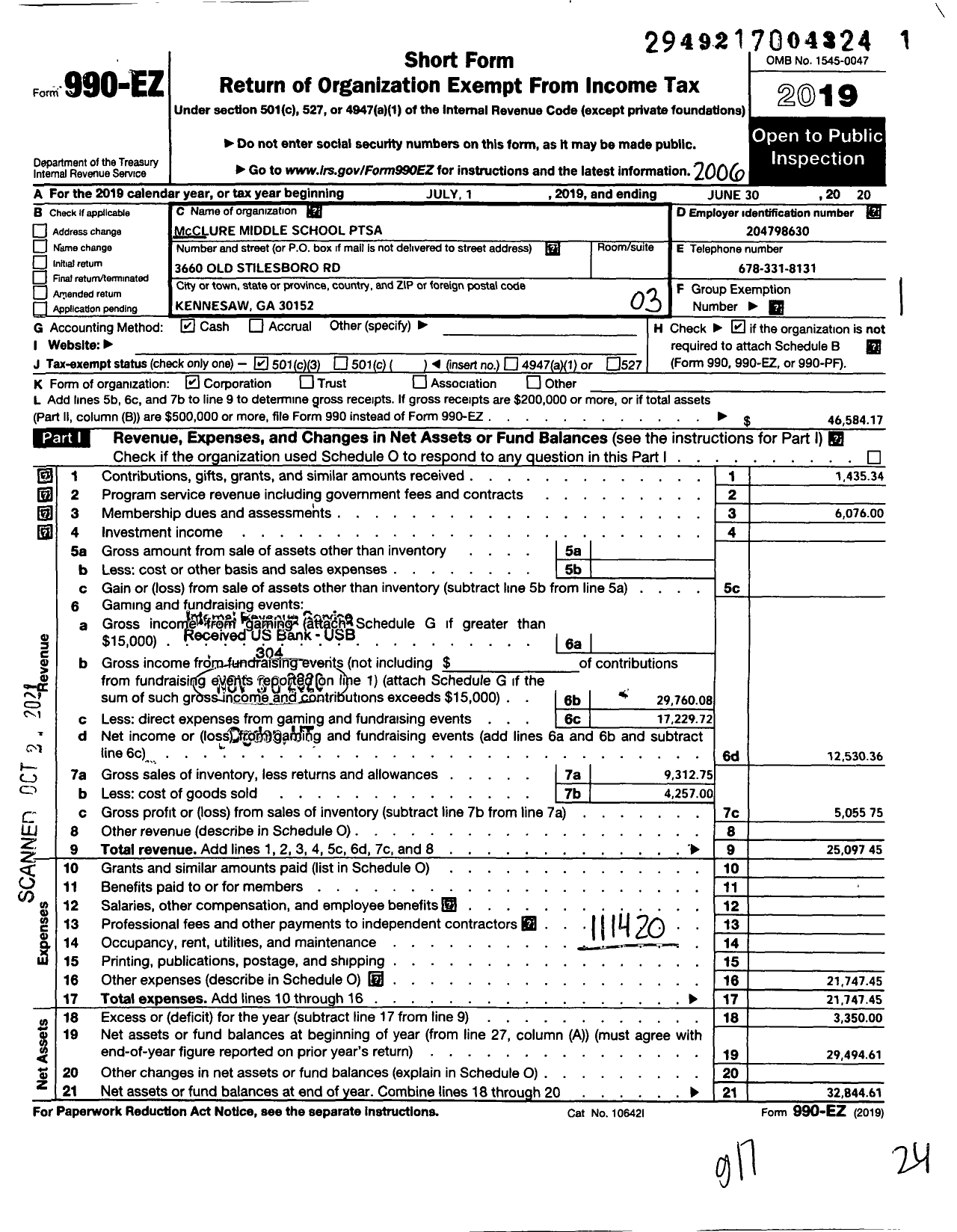 Image of first page of 2019 Form 990EZ for Georgia PTA - Mcclure MS Ptsa