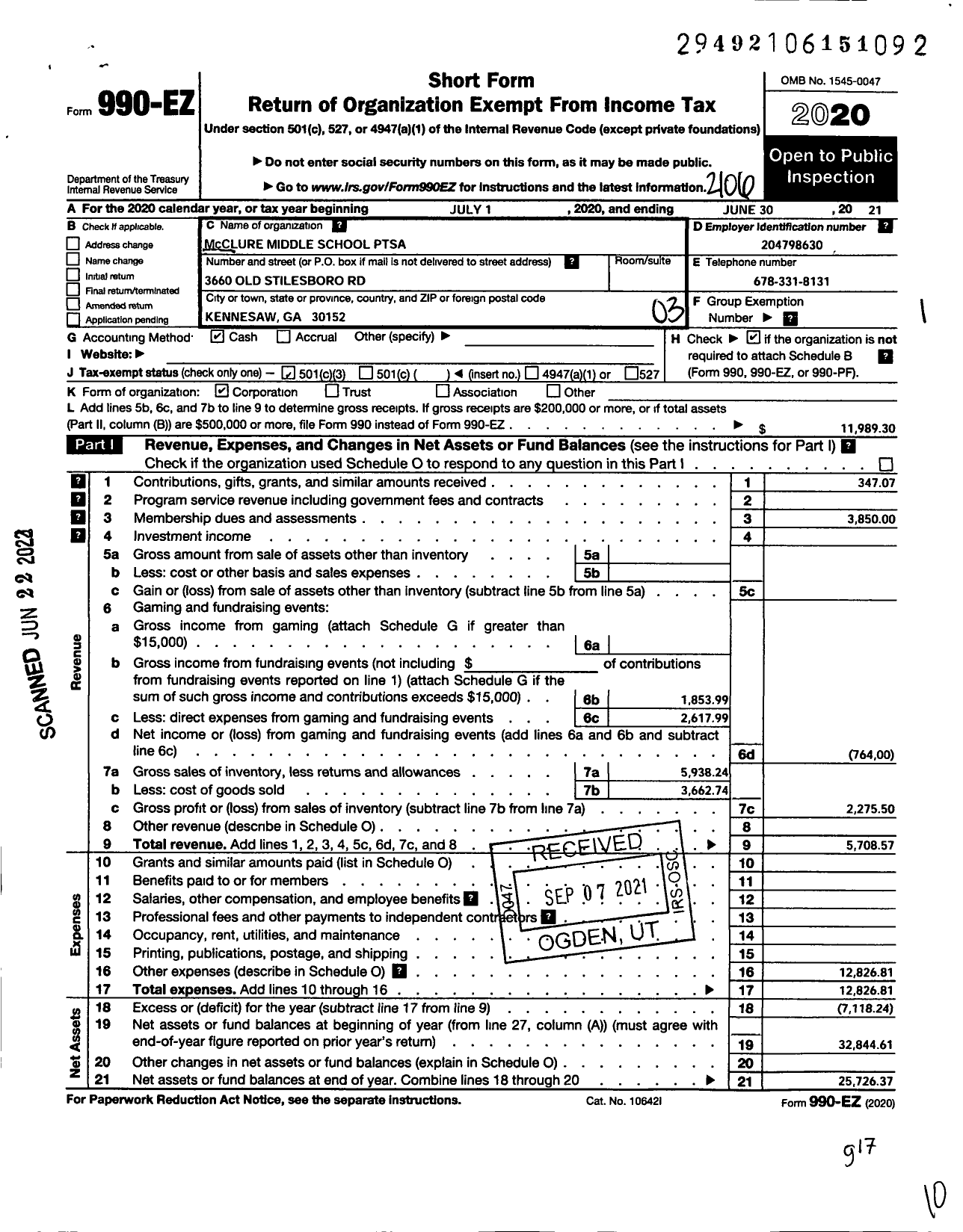 Image of first page of 2020 Form 990EZ for Georgia PTA - Mcclure MS Ptsa