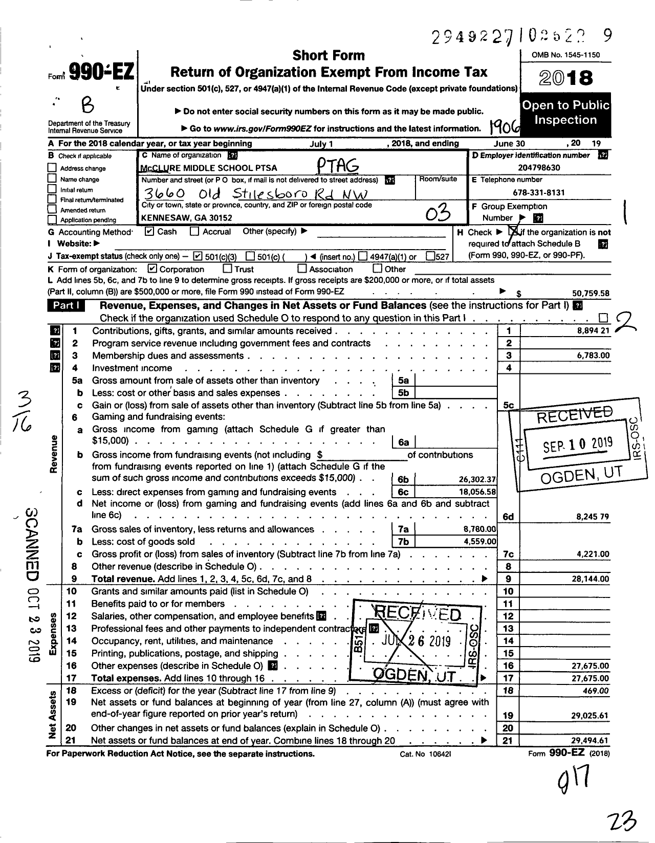 Image of first page of 2018 Form 990EZ for Georgia PTA - Mcclure MS Ptsa