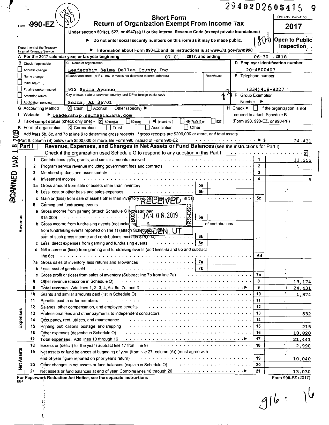 Image of first page of 2017 Form 990EZ for Leadership Selma-Dallas County