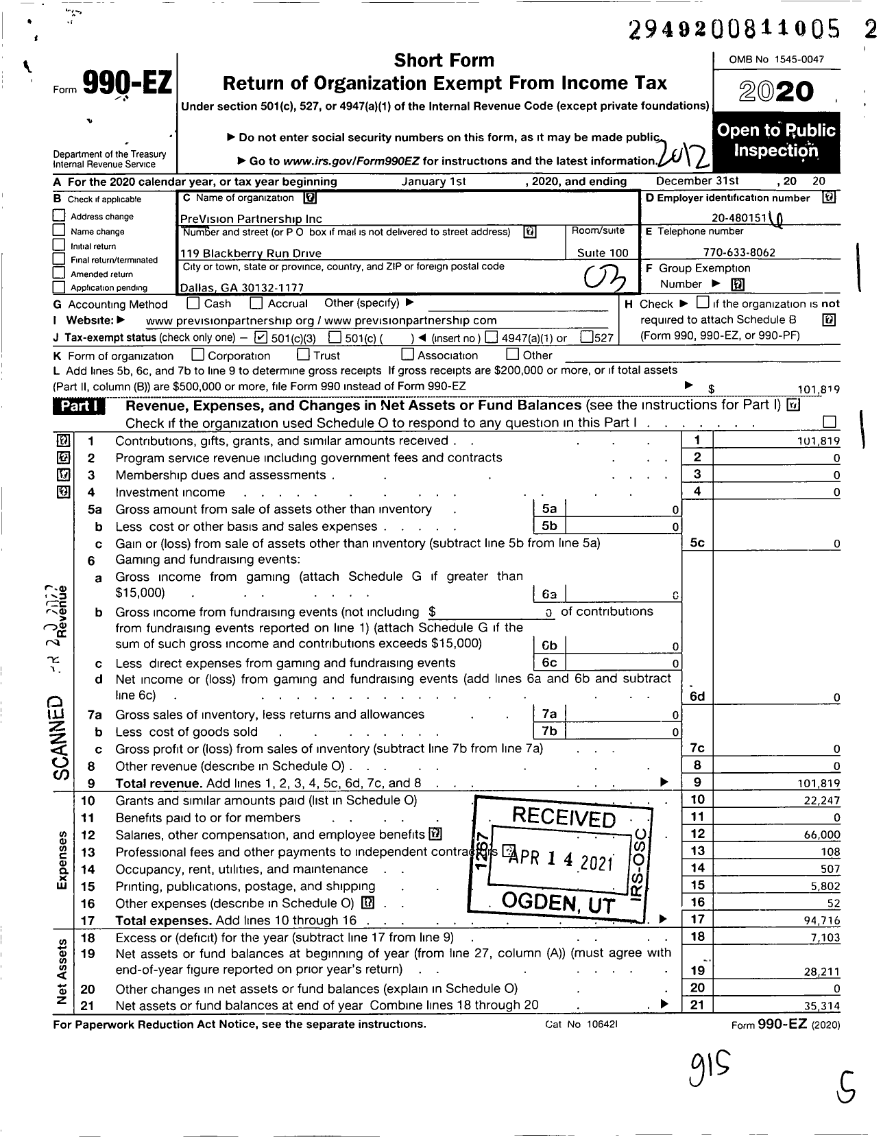 Image of first page of 2020 Form 990EZ for Prevision Partnership