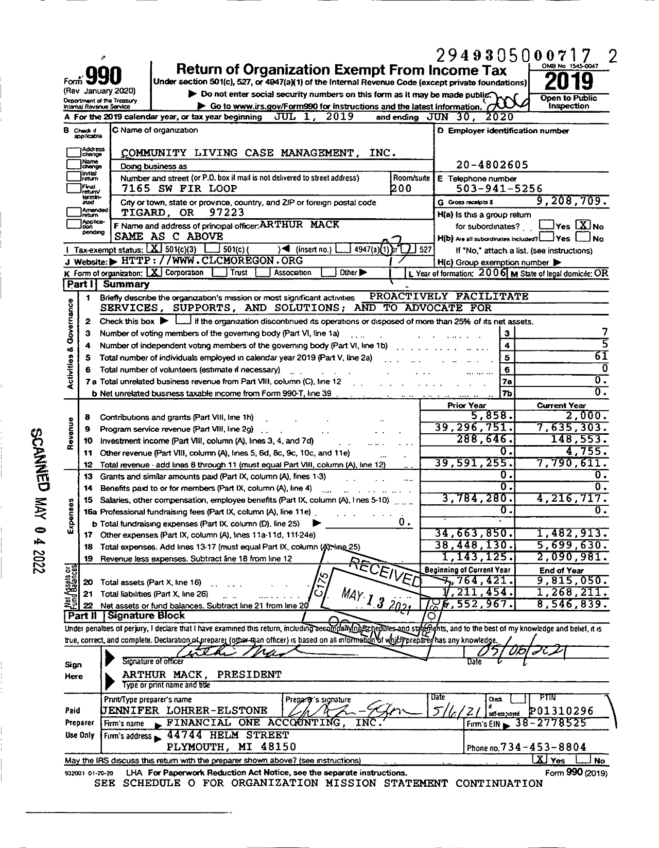 Image of first page of 2019 Form 990 for Community Living Case Management (CLCM)