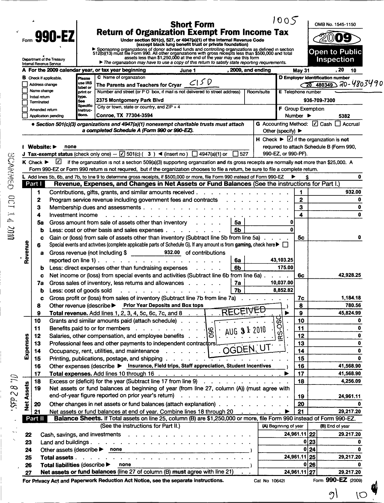 Image of first page of 2009 Form 990EZ for Cisd Educational Support Groups / The Parent & Teachers for Cryar