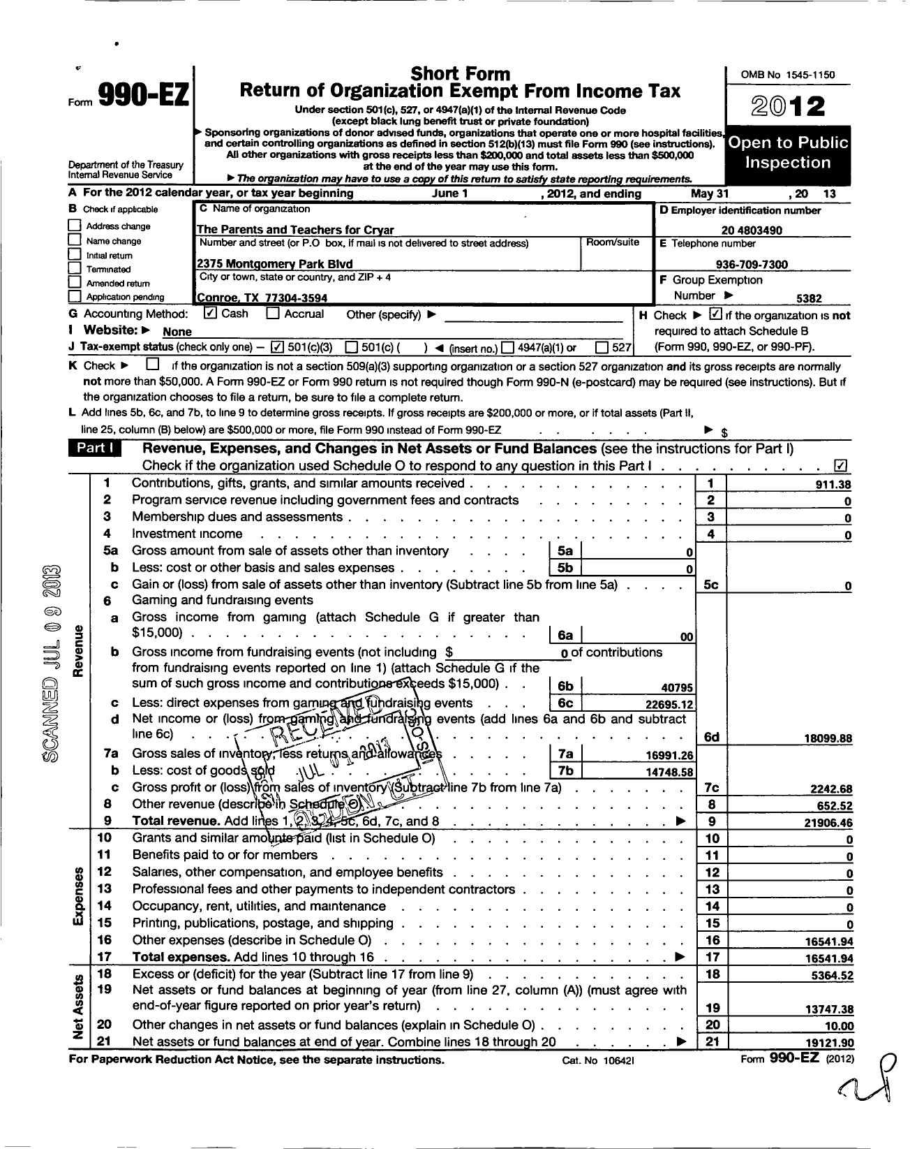 Image of first page of 2012 Form 990EZ for Cisd Educational Support Groups / The Parent & Teachers for Cryar