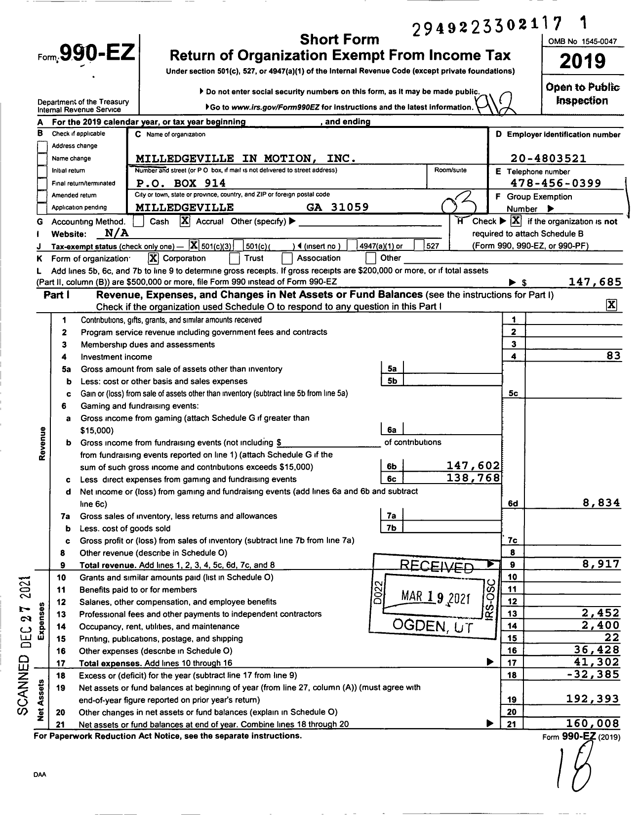 Image of first page of 2019 Form 990EZ for Milledgeville in Motion
