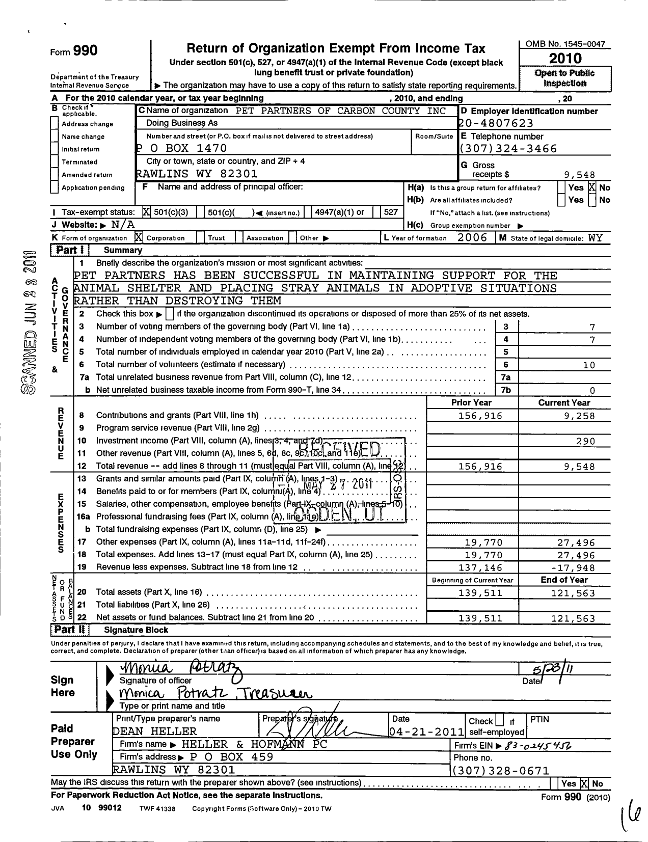 Image of first page of 2010 Form 990 for Pet Partners of Carbon County