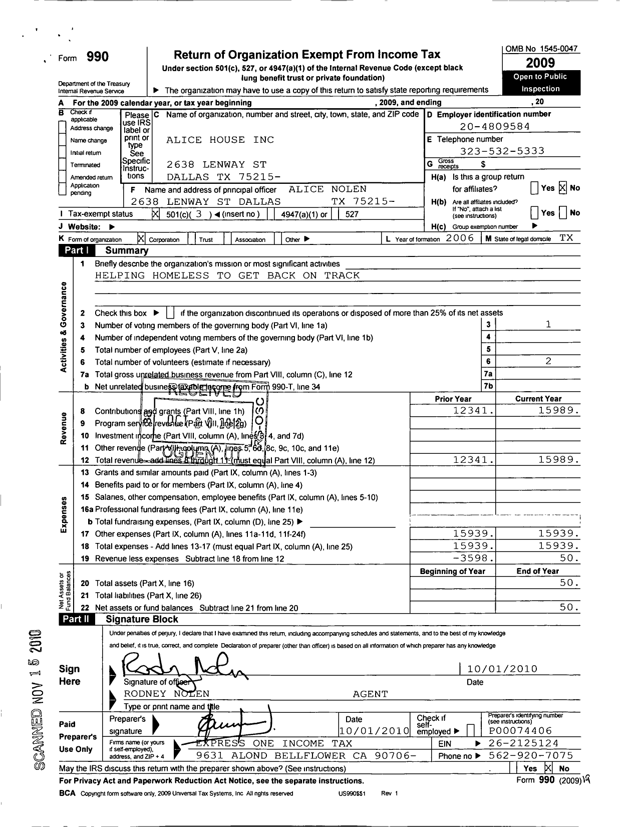 Image of first page of 2009 Form 990 for Alice House