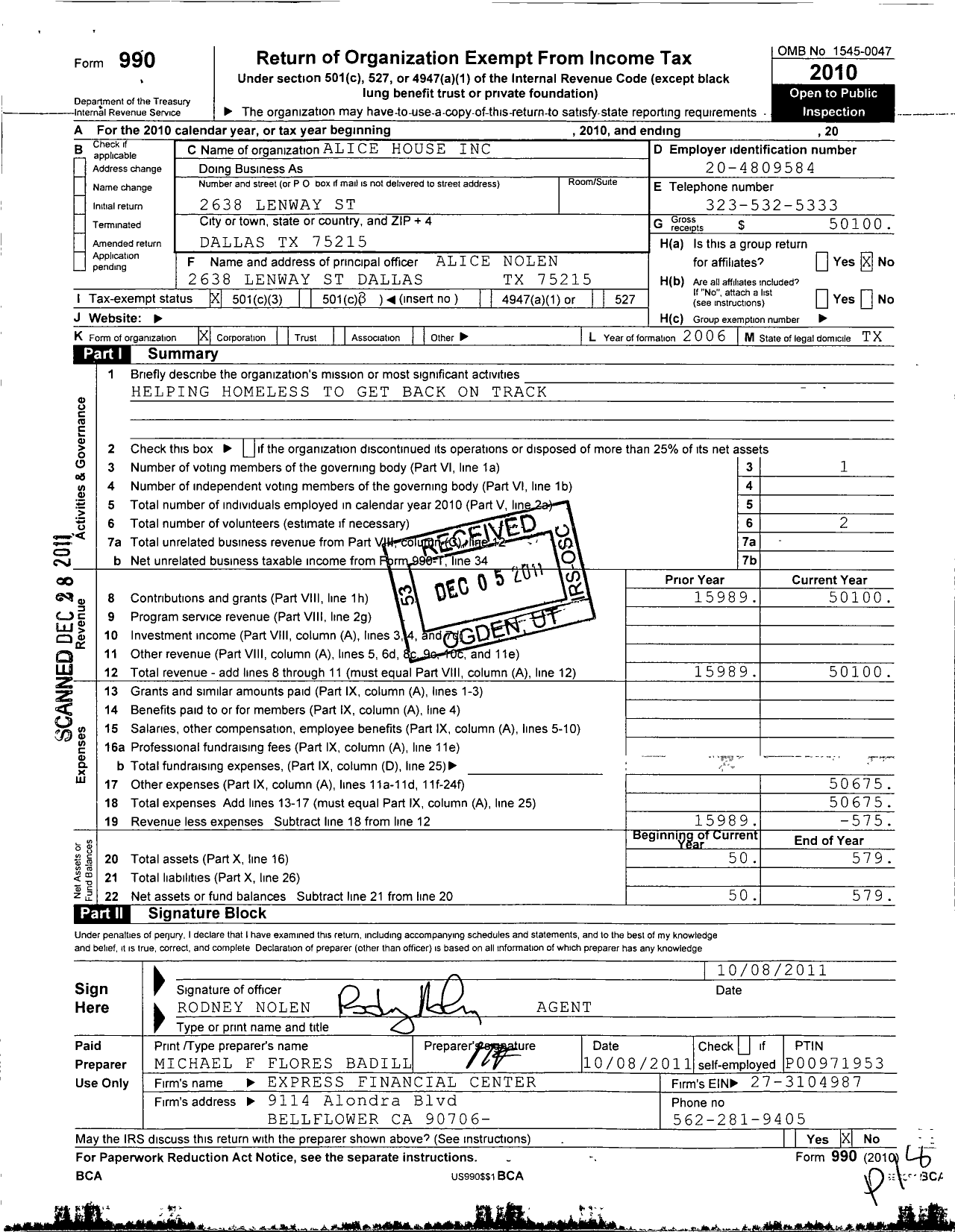 Image of first page of 2010 Form 990 for Alice House