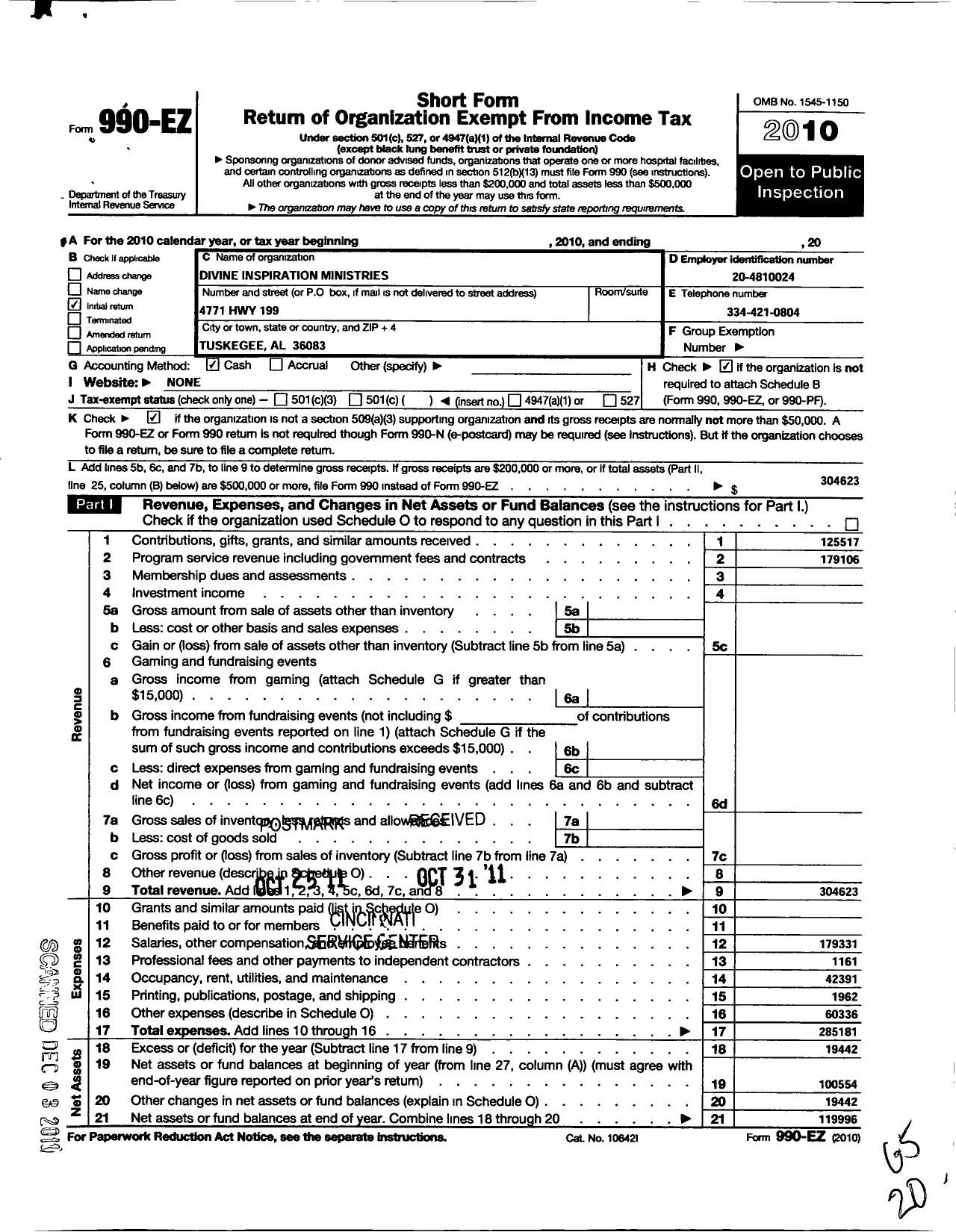 Image of first page of 2010 Form 990EO for Divine Inspirational Ministries