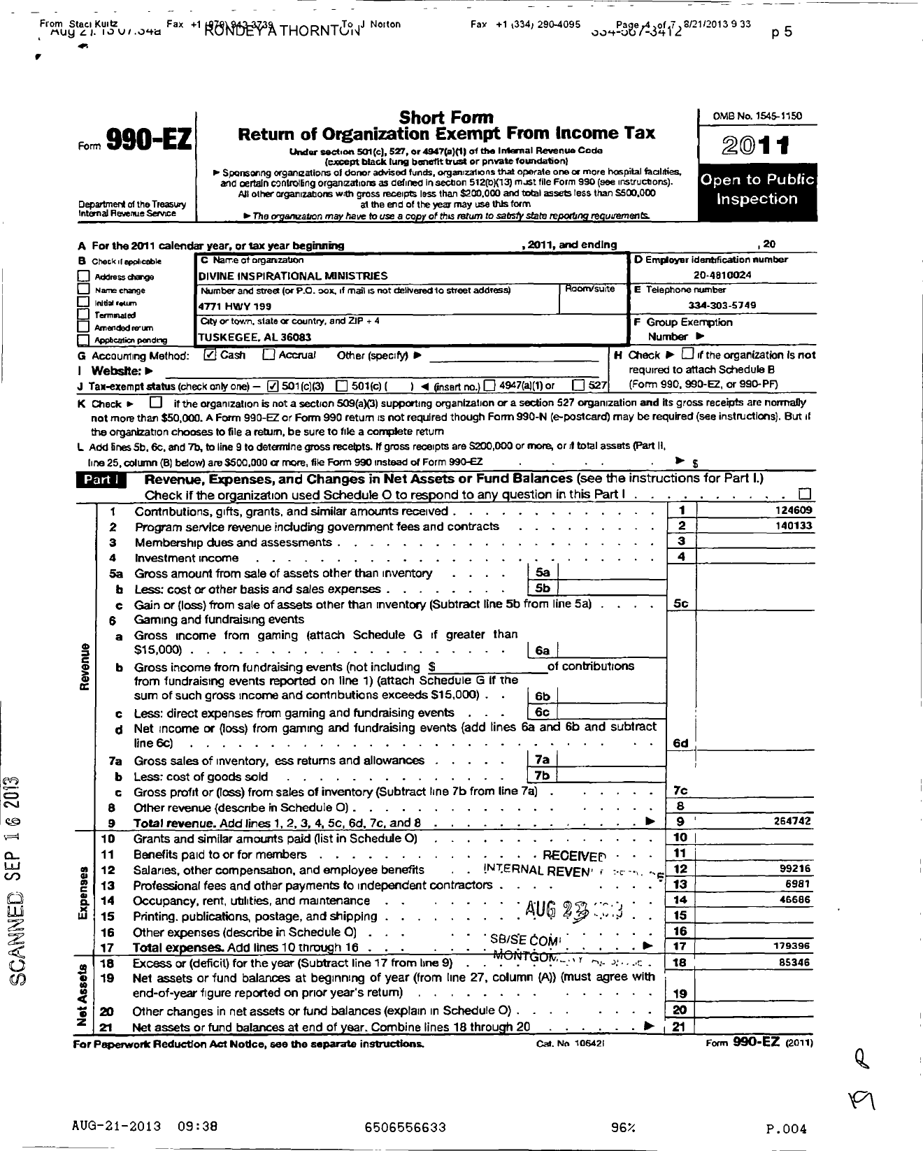 Image of first page of 2011 Form 990EZ for Divine Inspirational Ministries