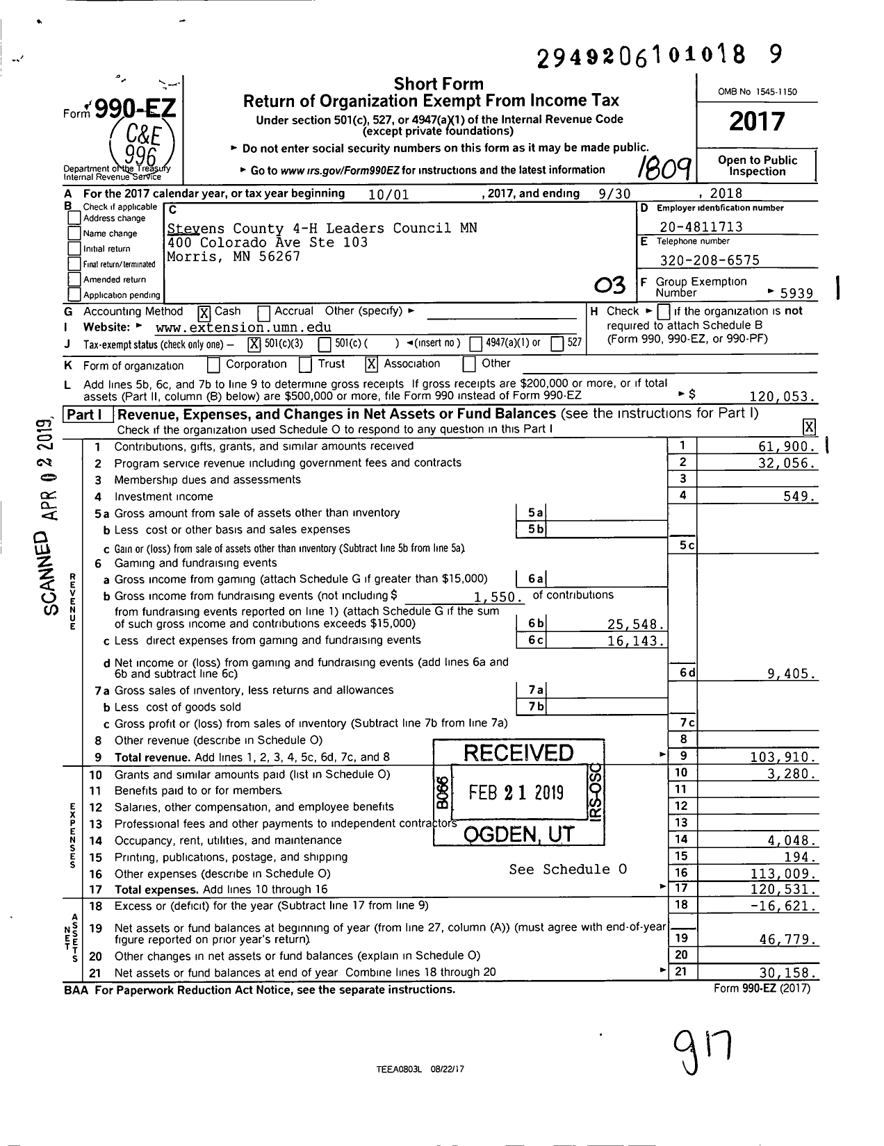 Image of first page of 2017 Form 990EZ for Stevens County 4-H Leaders Council MN