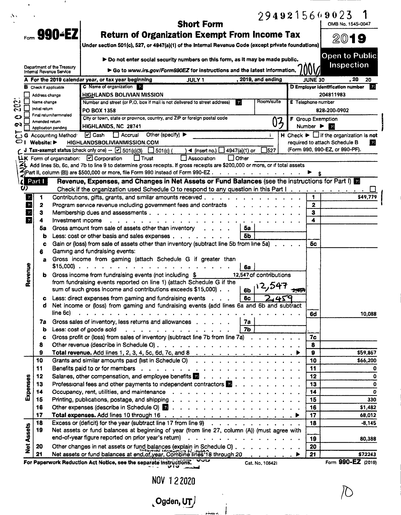 Image of first page of 2019 Form 990EZ for Highlands Bolivian Mission