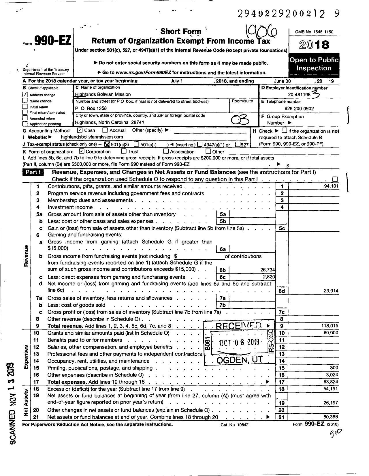 Image of first page of 2018 Form 990EZ for Highlands Bolivian Mission