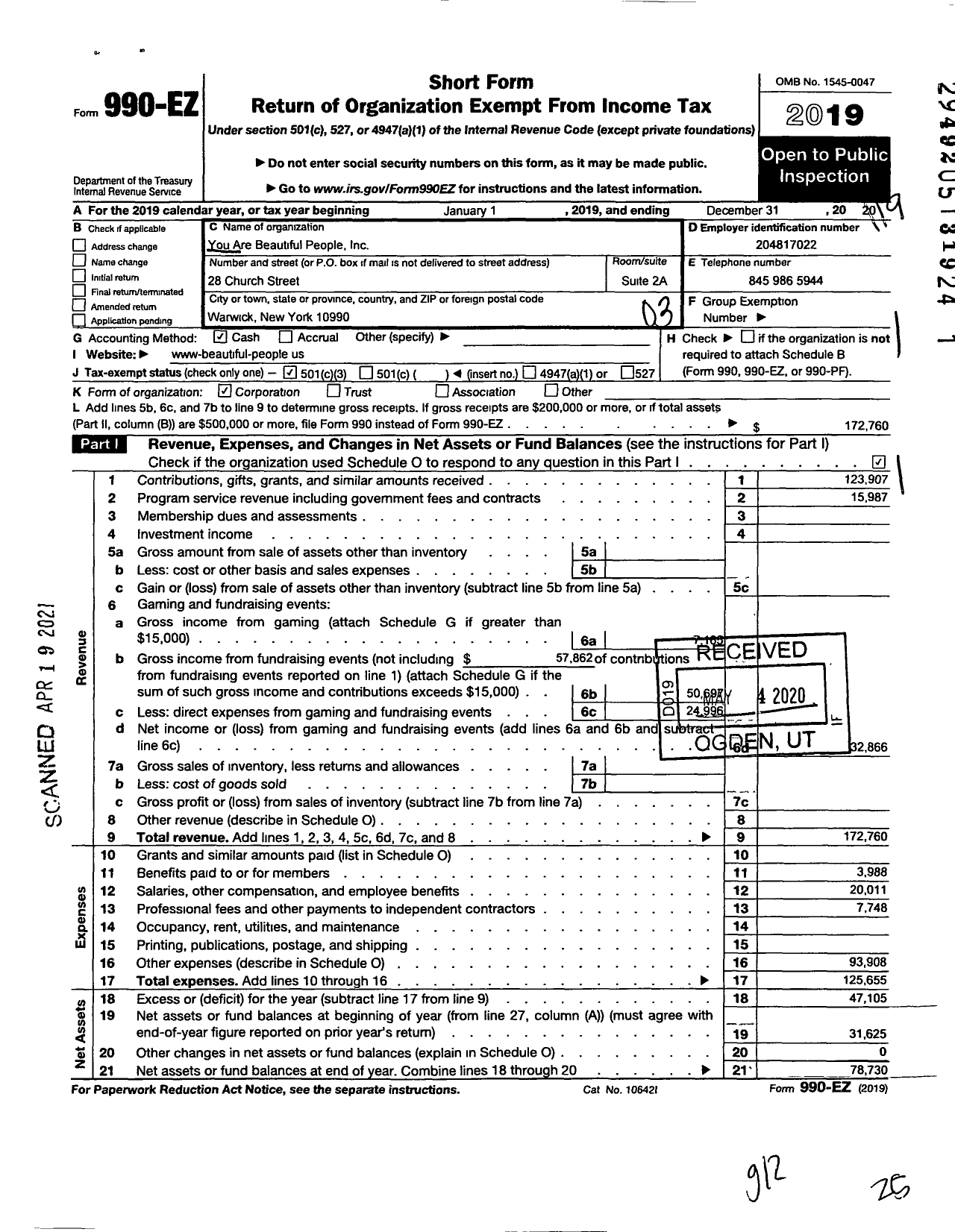 Image of first page of 2019 Form 990EZ for You Are Beautiful People