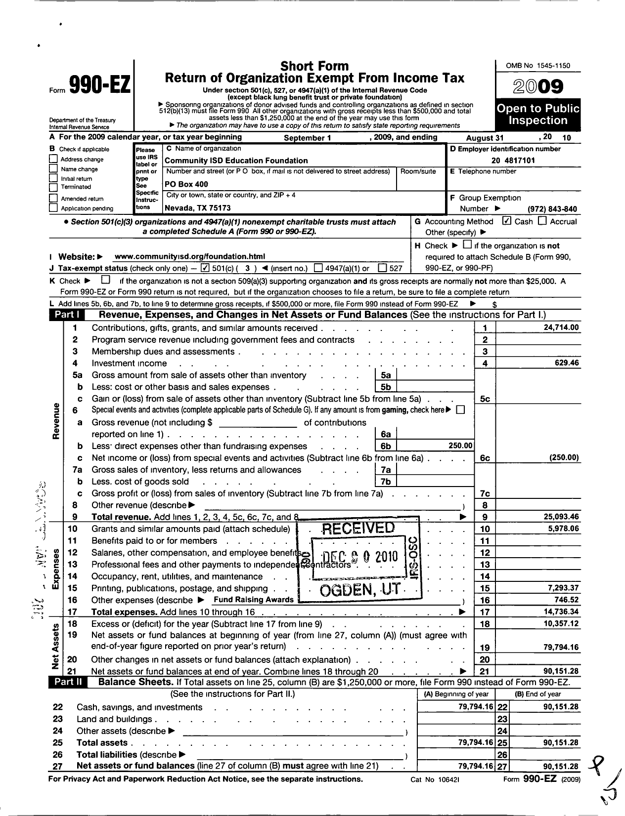 Image of first page of 2009 Form 990EZ for Community Isd Education Foundation