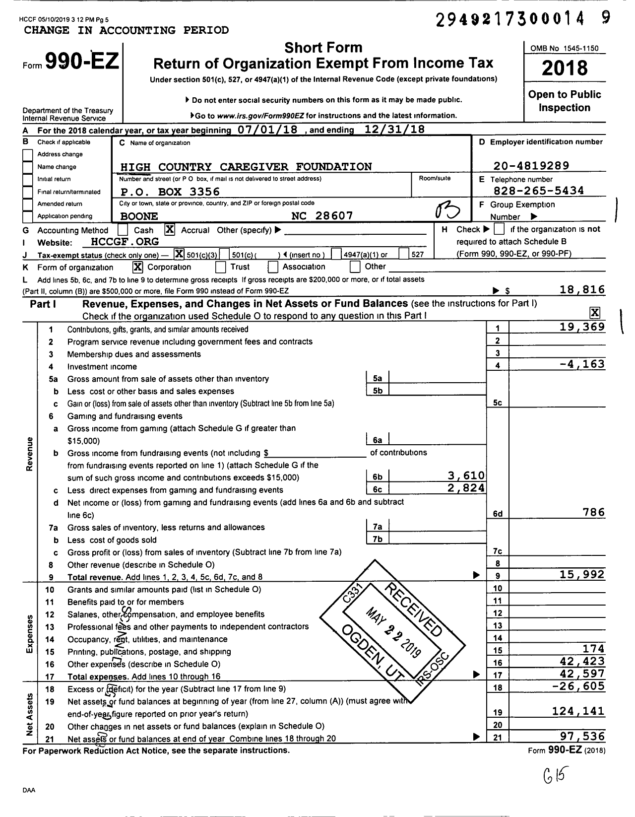 Image of first page of 2018 Form 990EZ for High Country Caregiver Foundation