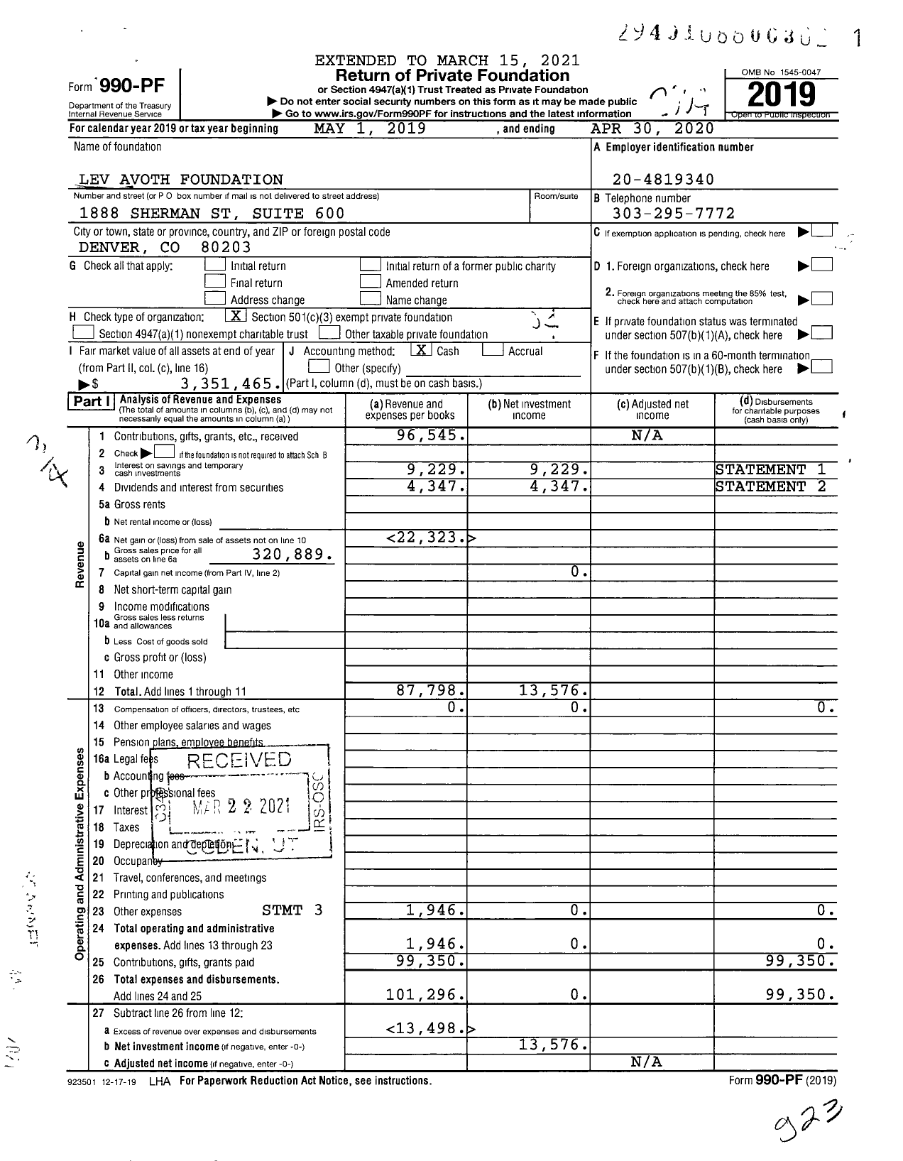 Image of first page of 2019 Form 990PF for Lev Avoth Foundation