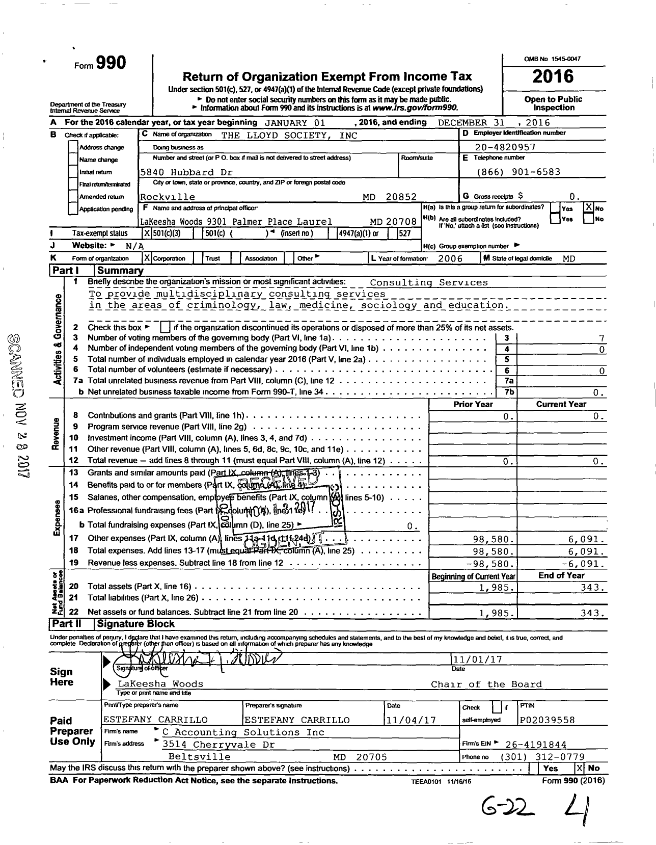 Image of first page of 2016 Form 990 for The Lloyd Society