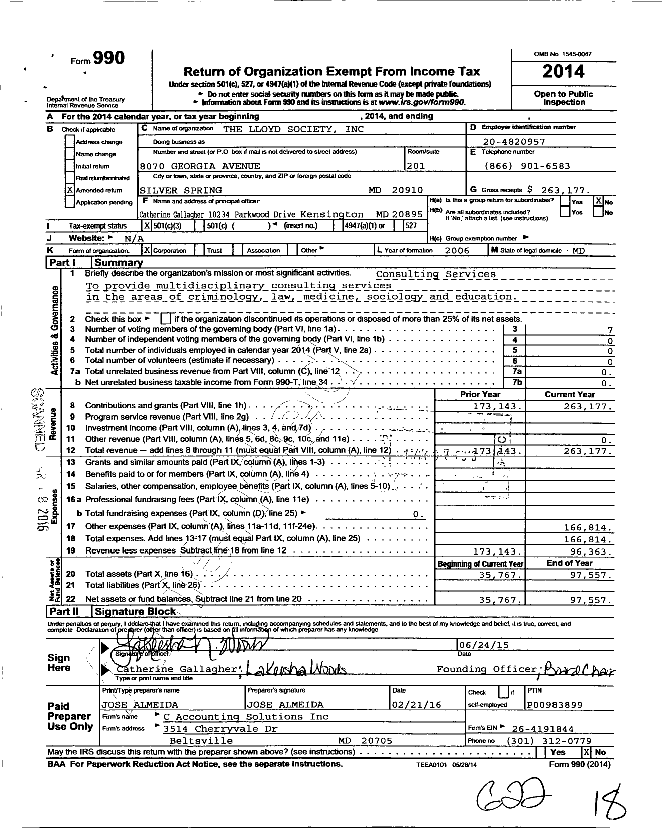 Image of first page of 2014 Form 990 for The Lloyd Society