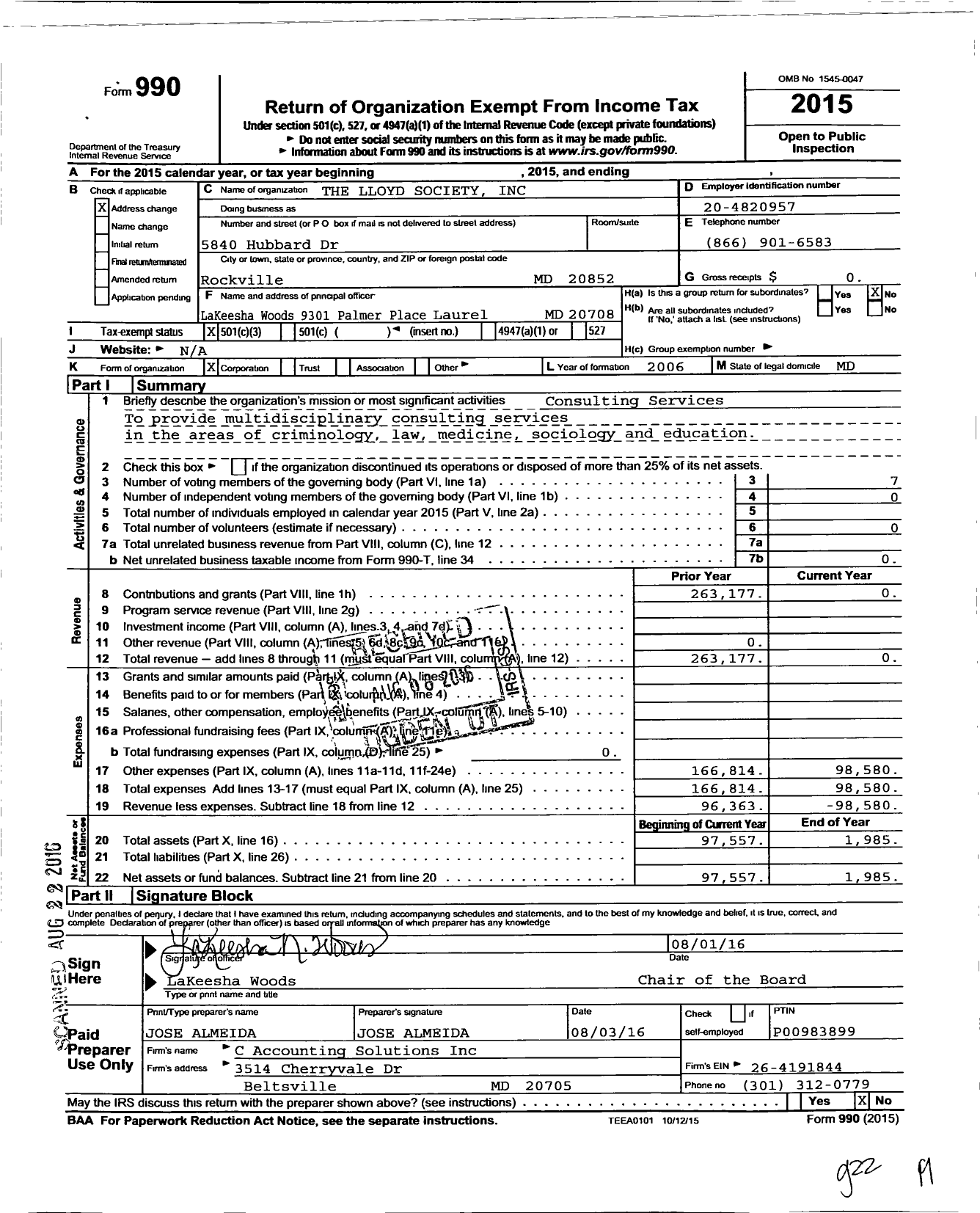 Image of first page of 2015 Form 990 for The Lloyd Society