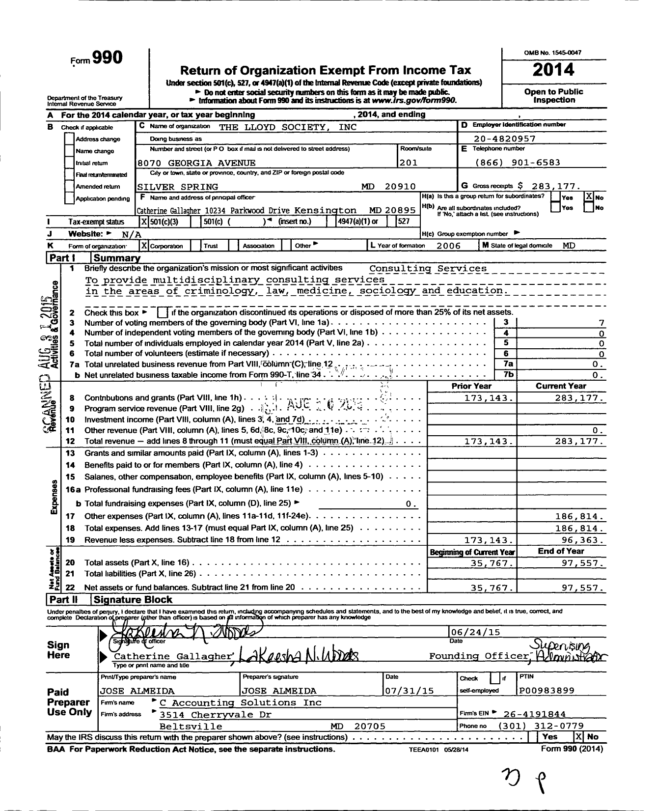 Image of first page of 2014 Form 990 for The Lloyd Society