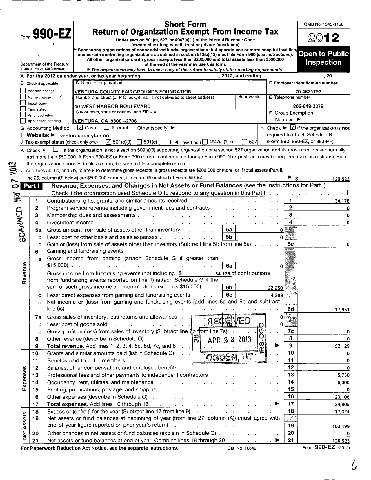 Image of first page of 2012 Form 990EZ for Ventura County Fairgrounds Foundation