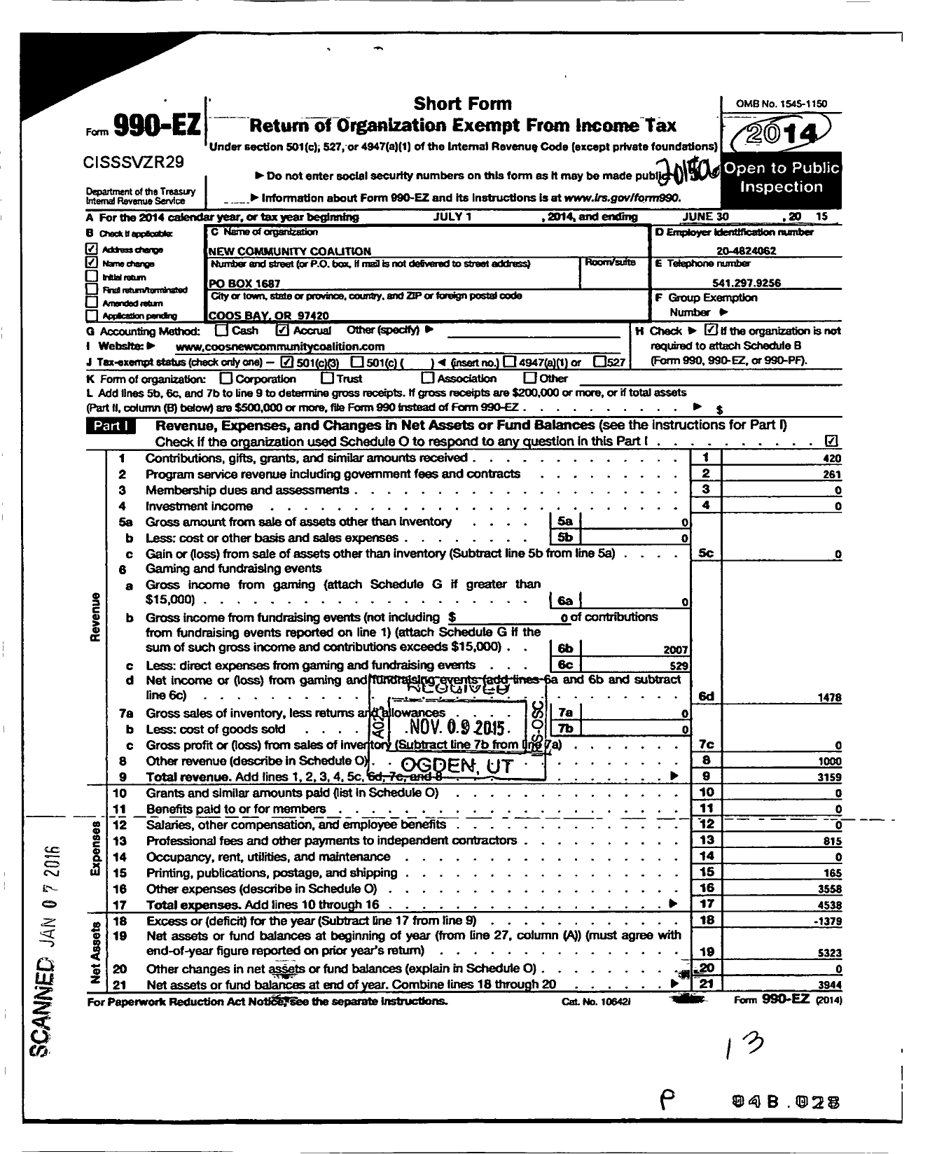 Image of first page of 2014 Form 990EZ for New Community Coalition