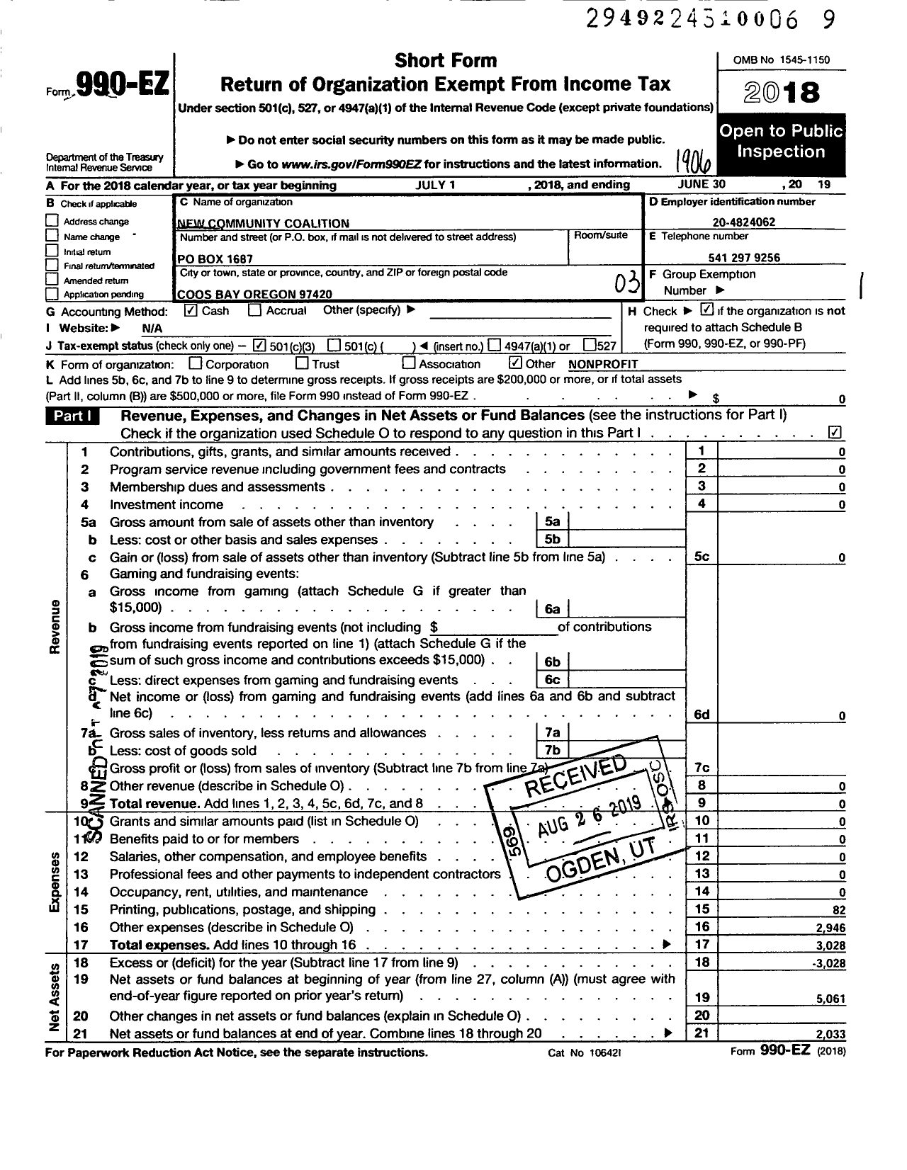 Image of first page of 2018 Form 990EZ for New Community Coalition