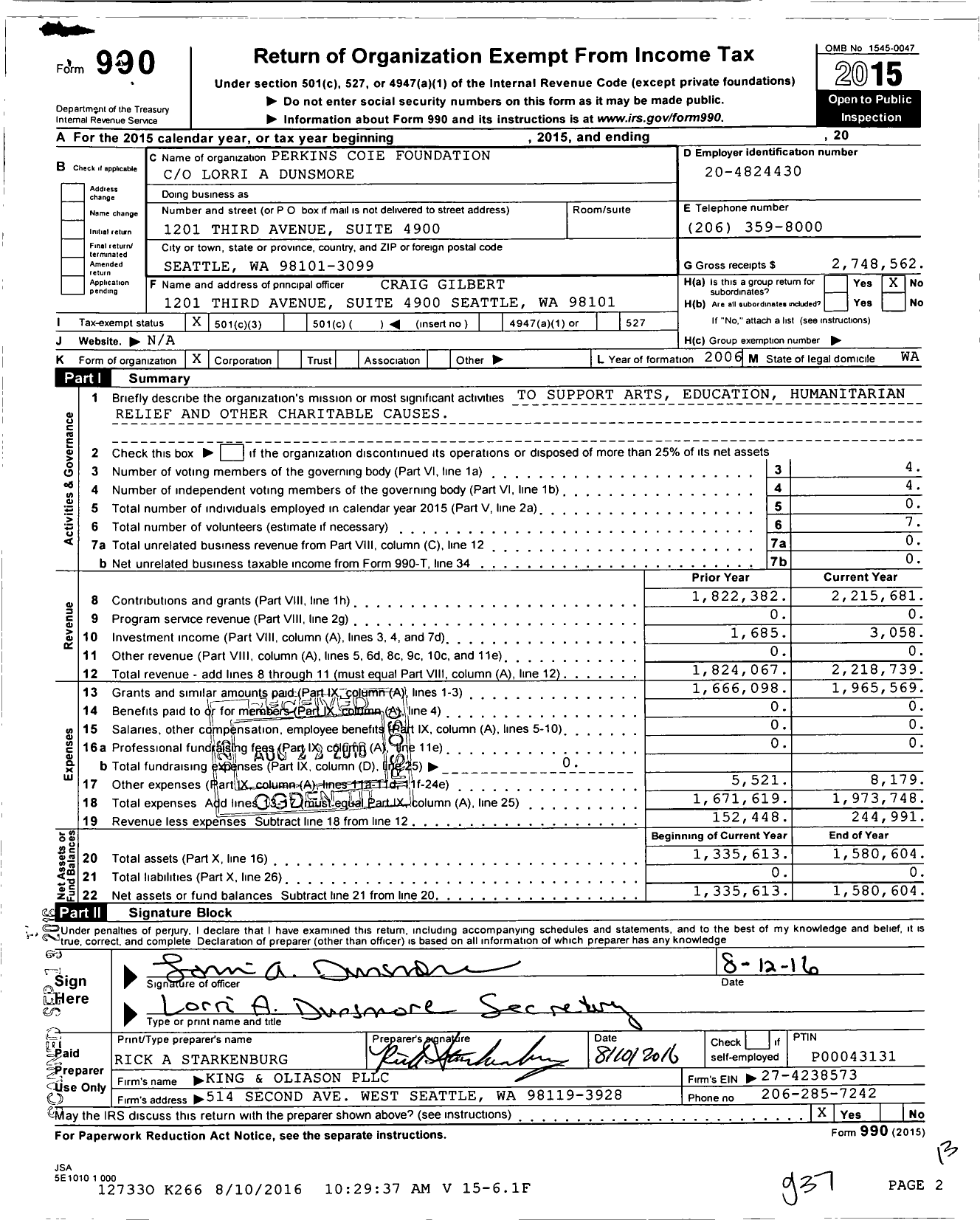 Image of first page of 2015 Form 990 for Perkins Coie Foundation