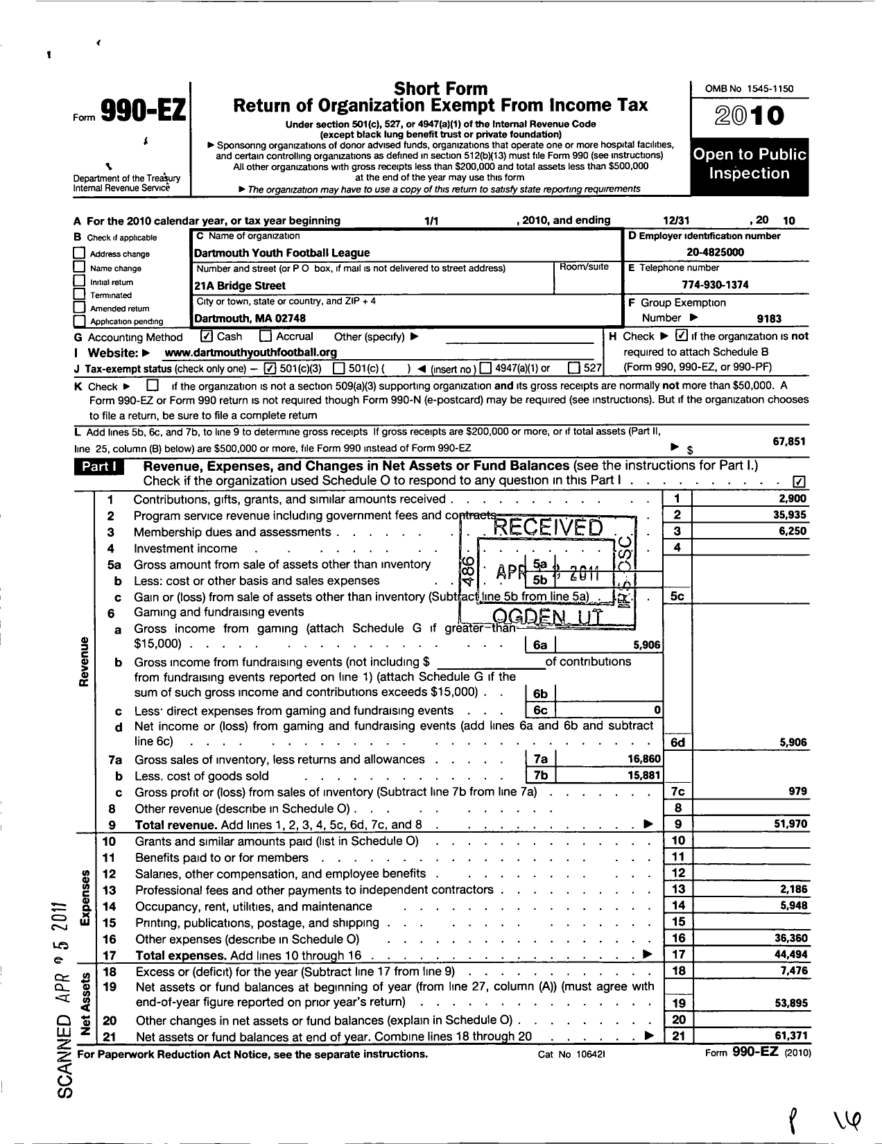 Image of first page of 2010 Form 990EZ for Pop Warner Little Scholars / Dartmouth Youth Football League