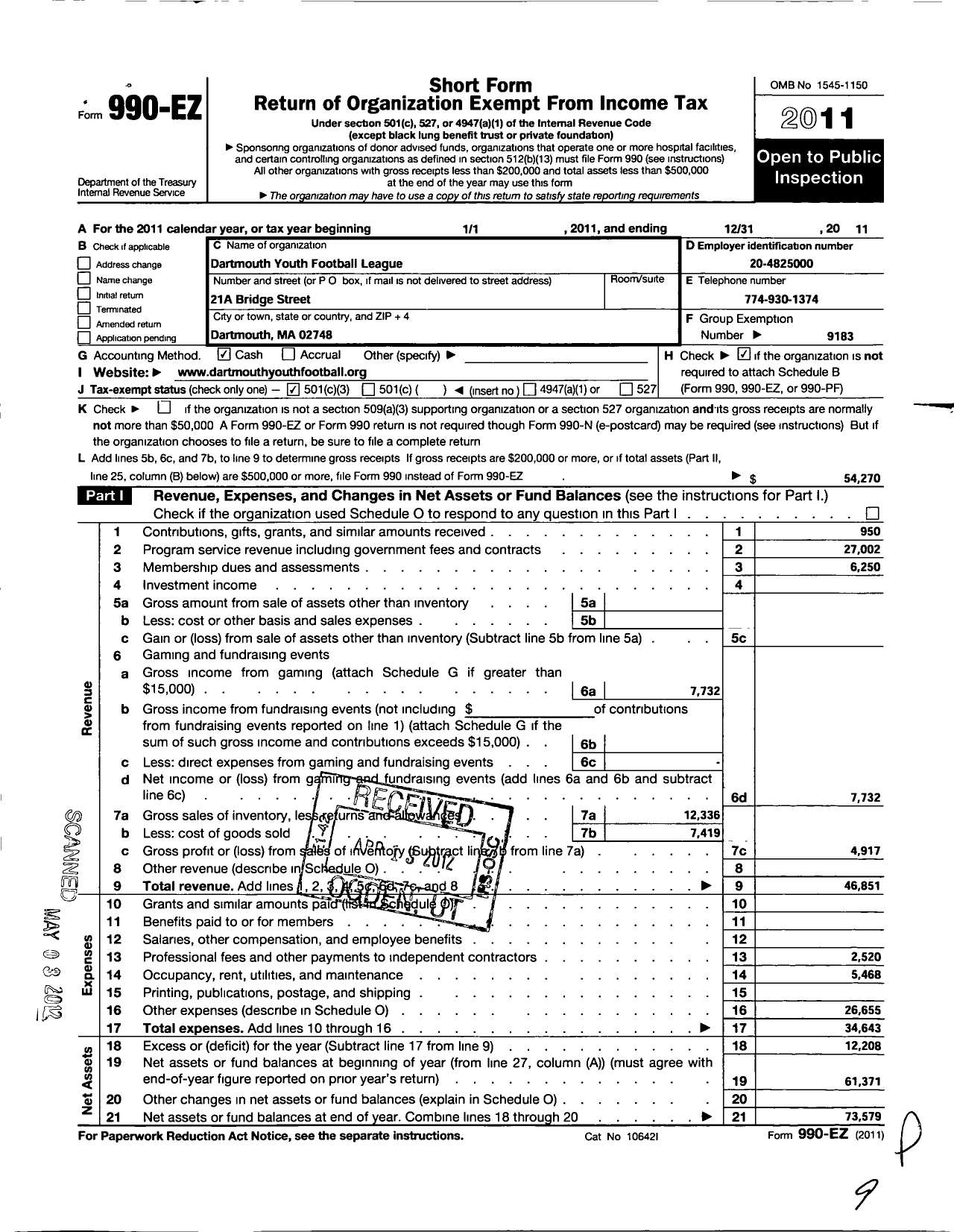 Image of first page of 2011 Form 990EZ for Pop Warner Little Scholars / Dartmouth Youth Football League