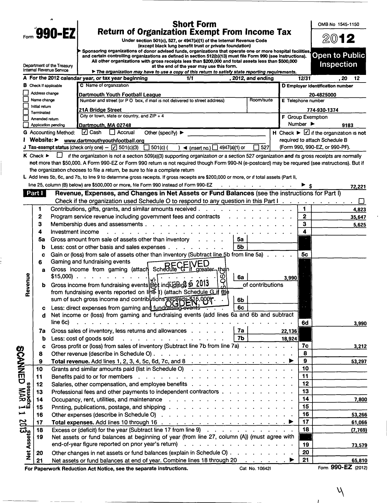 Image of first page of 2012 Form 990EZ for Pop Warner Little Scholars / Dartmouth Youth Football League