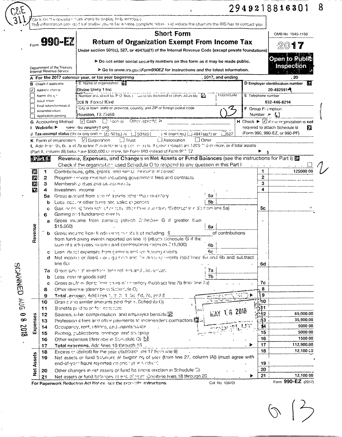 Image of first page of 2017 Form 990EZ for Divine Unity 1