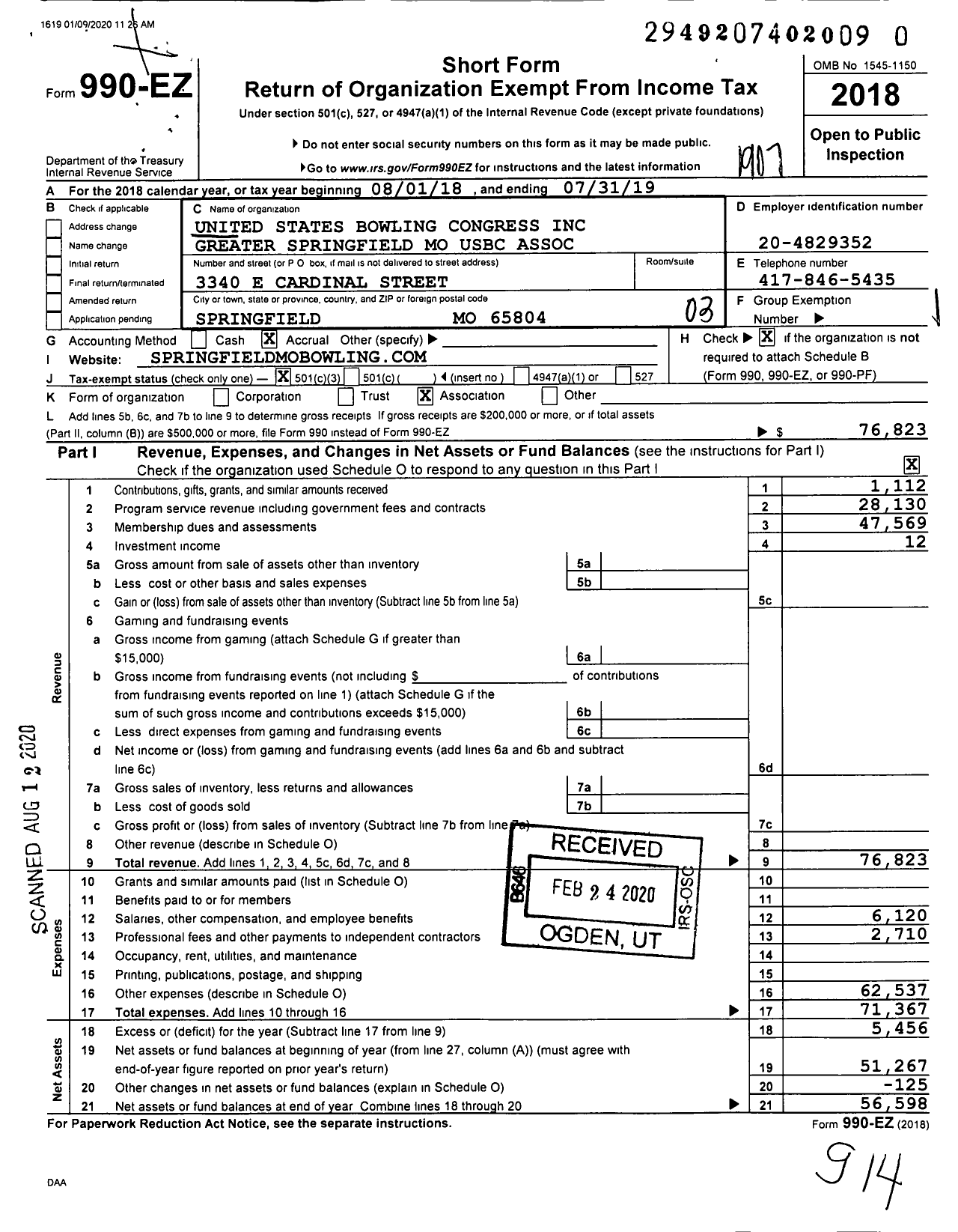 Image of first page of 2018 Form 990EZ for United States Bowling Congress - 81209 GR Springfield Mo Usbc