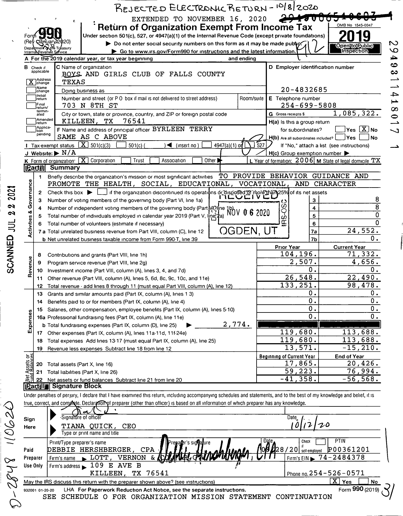 Image of first page of 2019 Form 990 for Boys and Girls Club of Falls County Texas