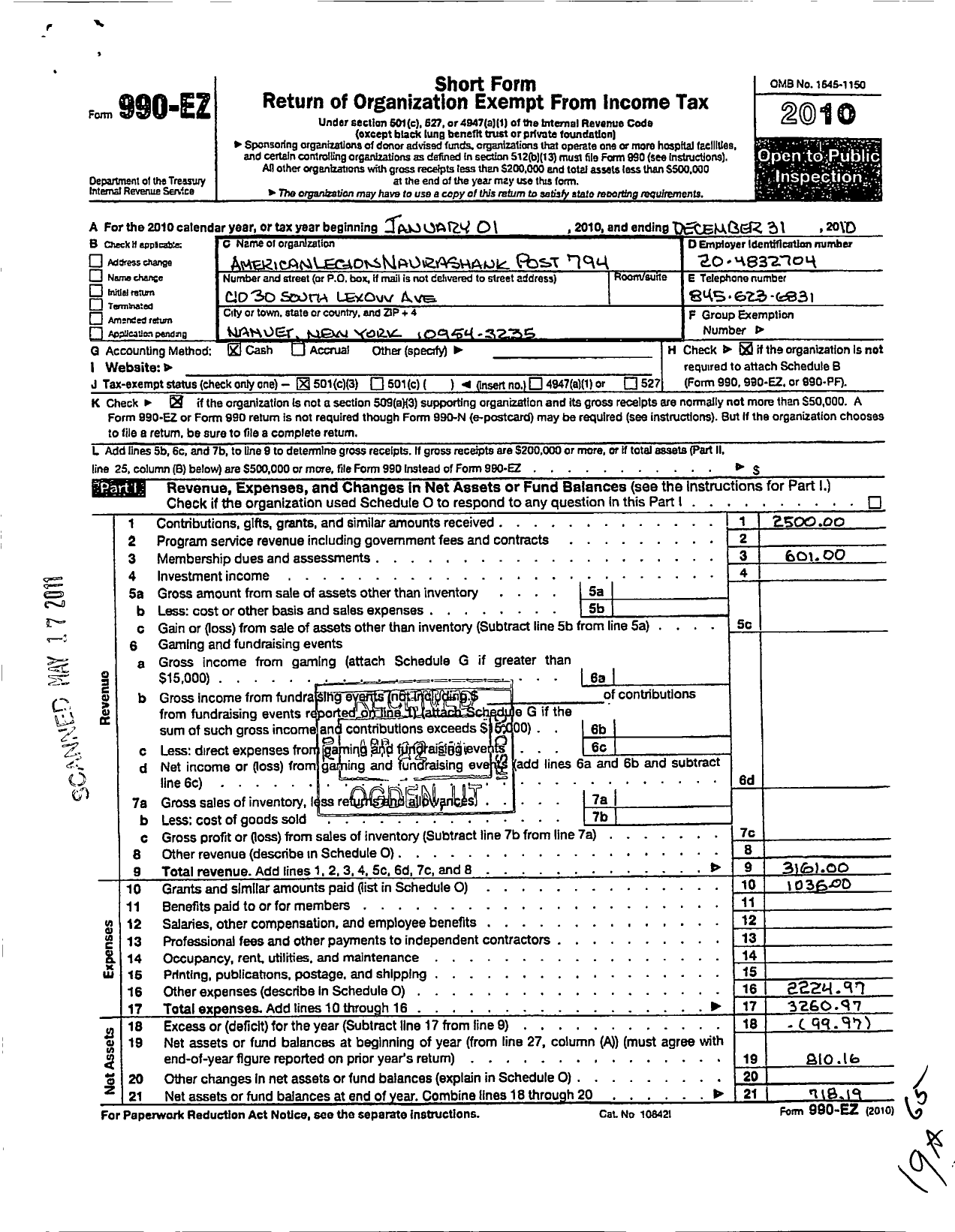 Image of first page of 2010 Form 990EZ for American Legion Naurashnak Post 794