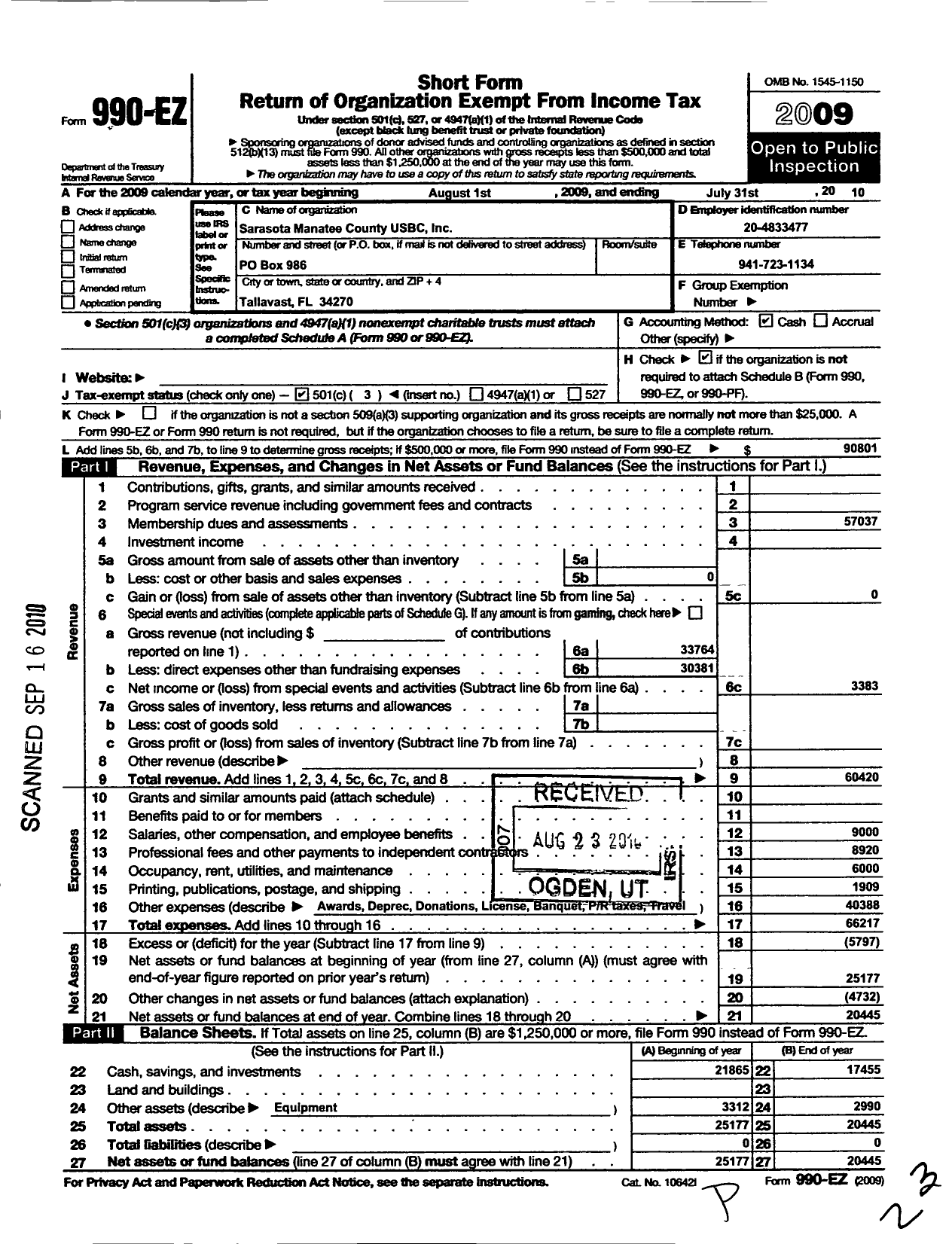 Image of first page of 2009 Form 990EZ for United States Bowling Congress - 86238 Sarasota-Manatee County Usbc