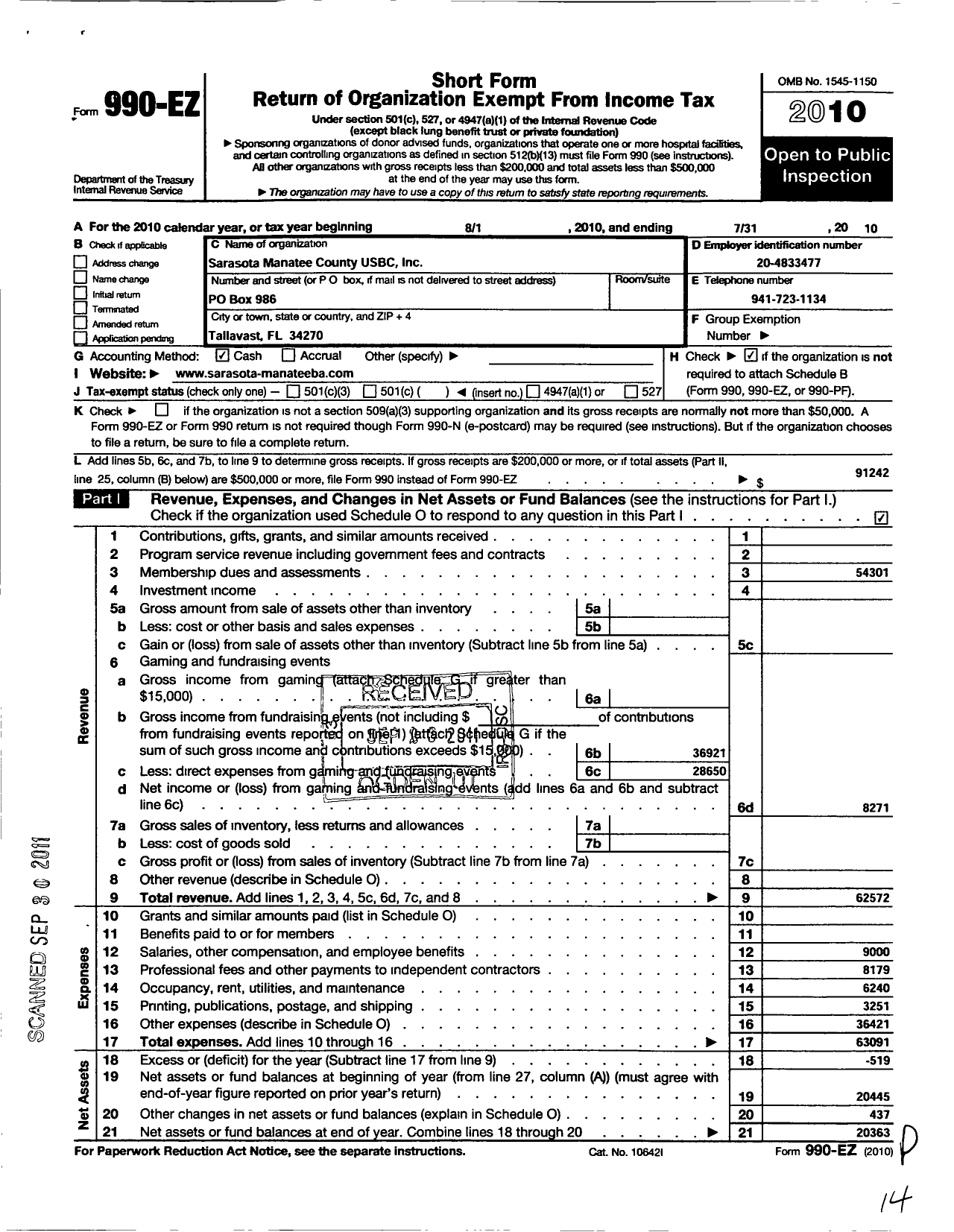 Image of first page of 2009 Form 990EO for United States Bowling Congress - 86238 Sarasota-Manatee County Usbc