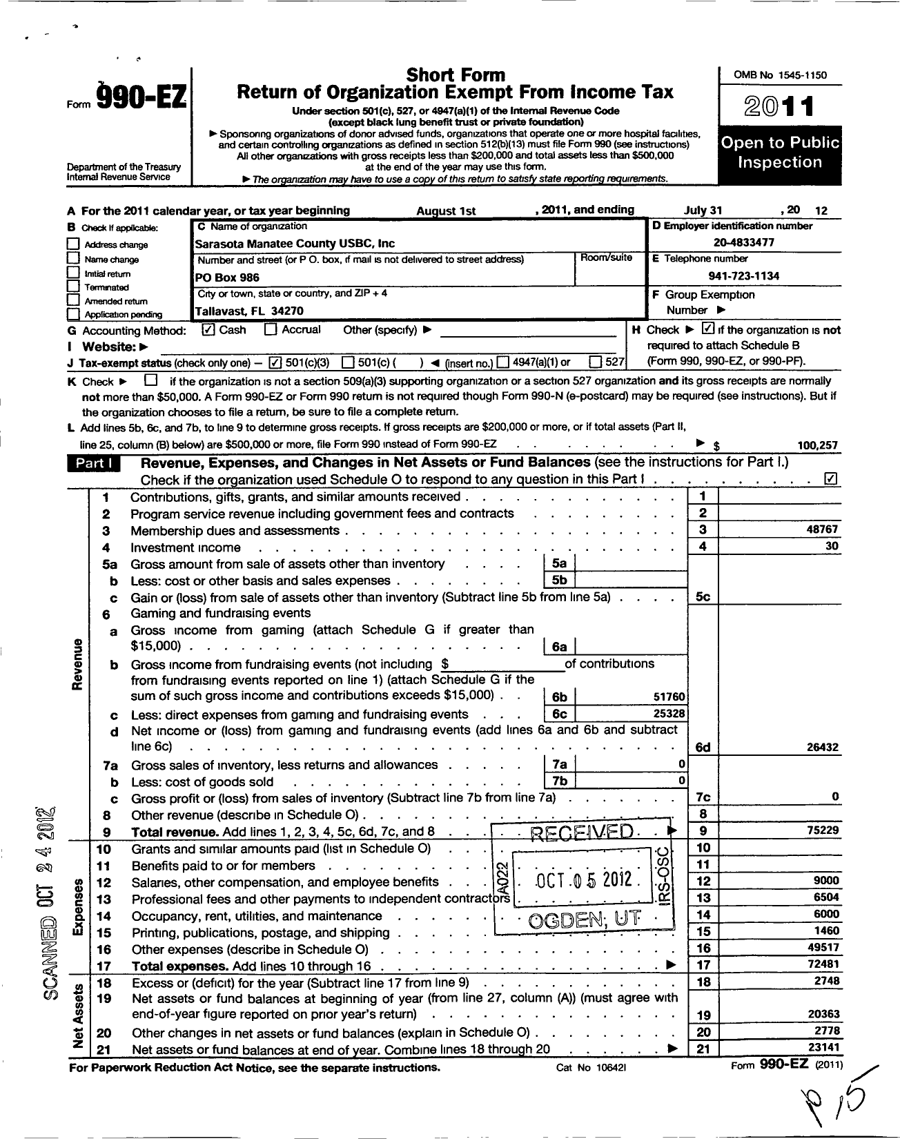 Image of first page of 2011 Form 990EZ for United States Bowling Congress - 86238 Sarasota-Manatee County Usbc