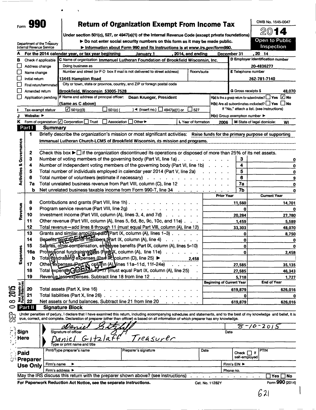 Image of first page of 2014 Form 990 for Immanuel Lutheran Foundation of Brookfield Wisconsin