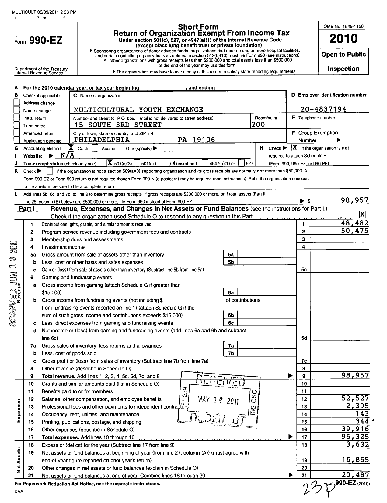 Image of first page of 2010 Form 990EZ for Multicultural Youth Exchange (MYX)