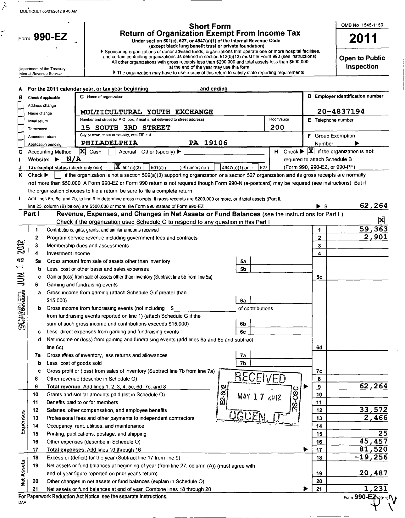 Image of first page of 2011 Form 990EZ for Multicultural Youth Exchange (MYX)